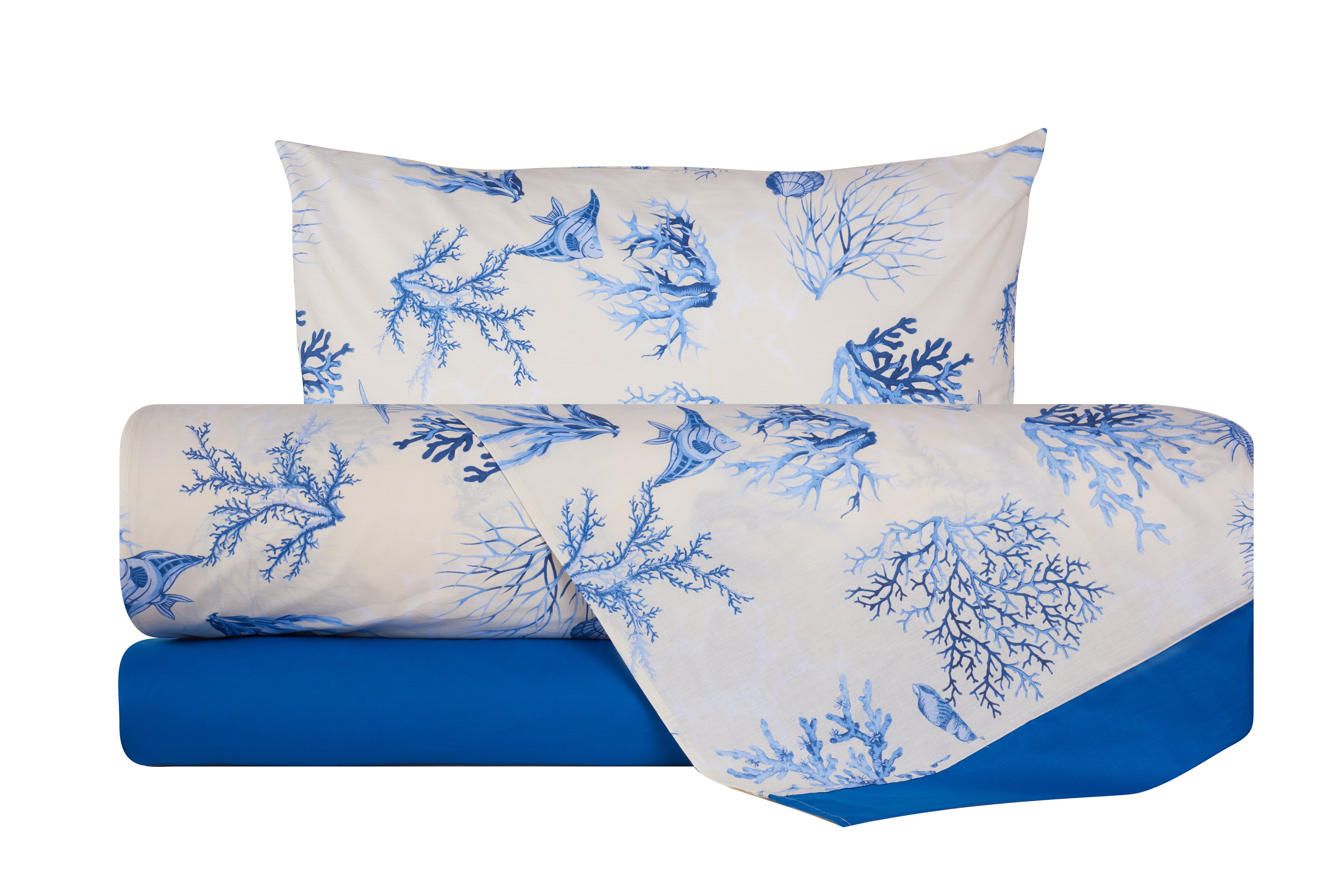 Completo letto lenzuola stampato Coralli Blu con bordo Tinta unita Bluette cotone made in Italy CORALLI BLU / BLUETTE
