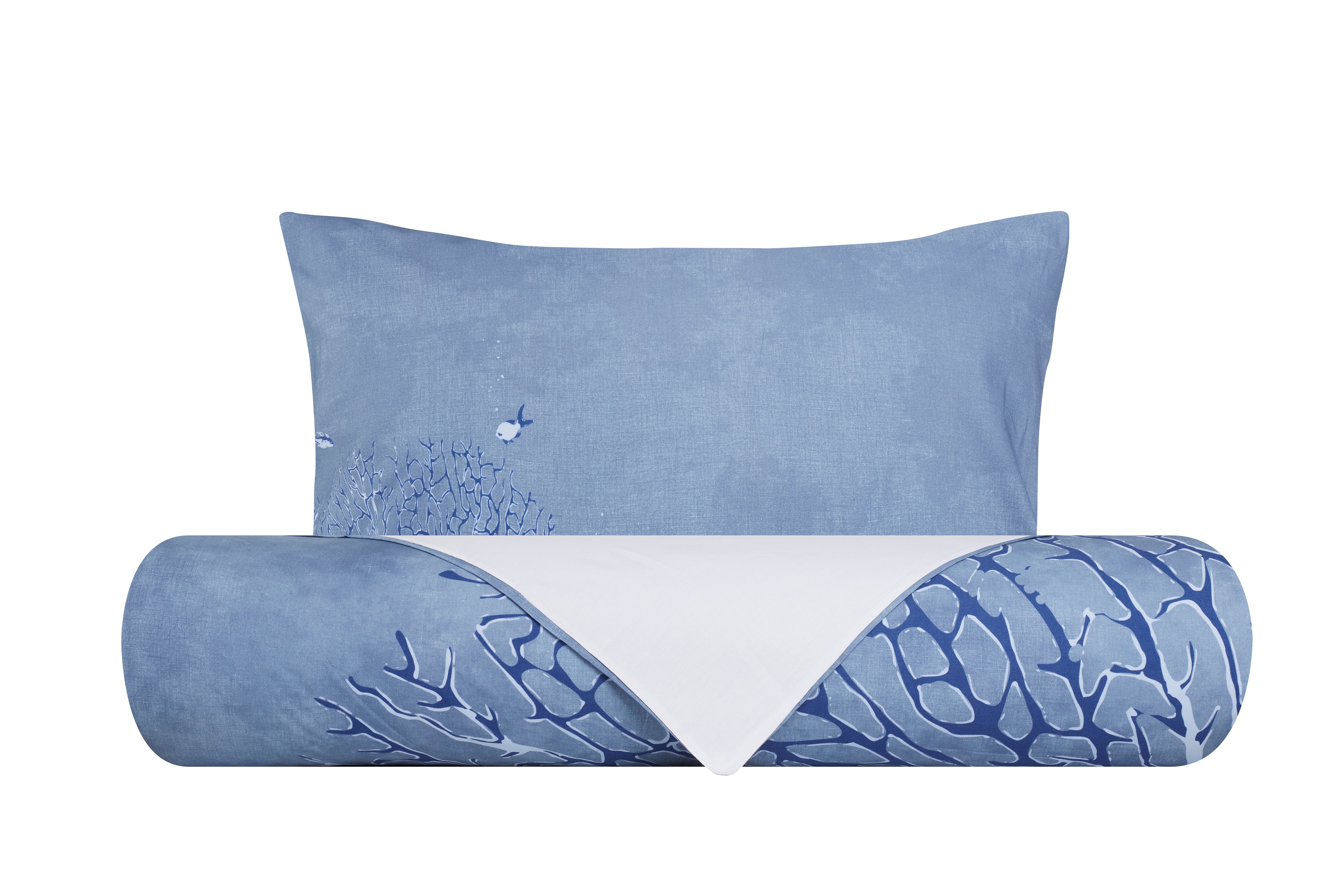 Set Copripiumino Federe Bifaccia Parure Copripiumino in Cotone Made in Italy Coralli 3 Pesci Mare D'inverno / Bianco