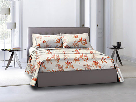 Completo letto lenzuola federe bifaccia double face stampa digitale in cotone made in italy  CORALLI ROSSI / NATURALE