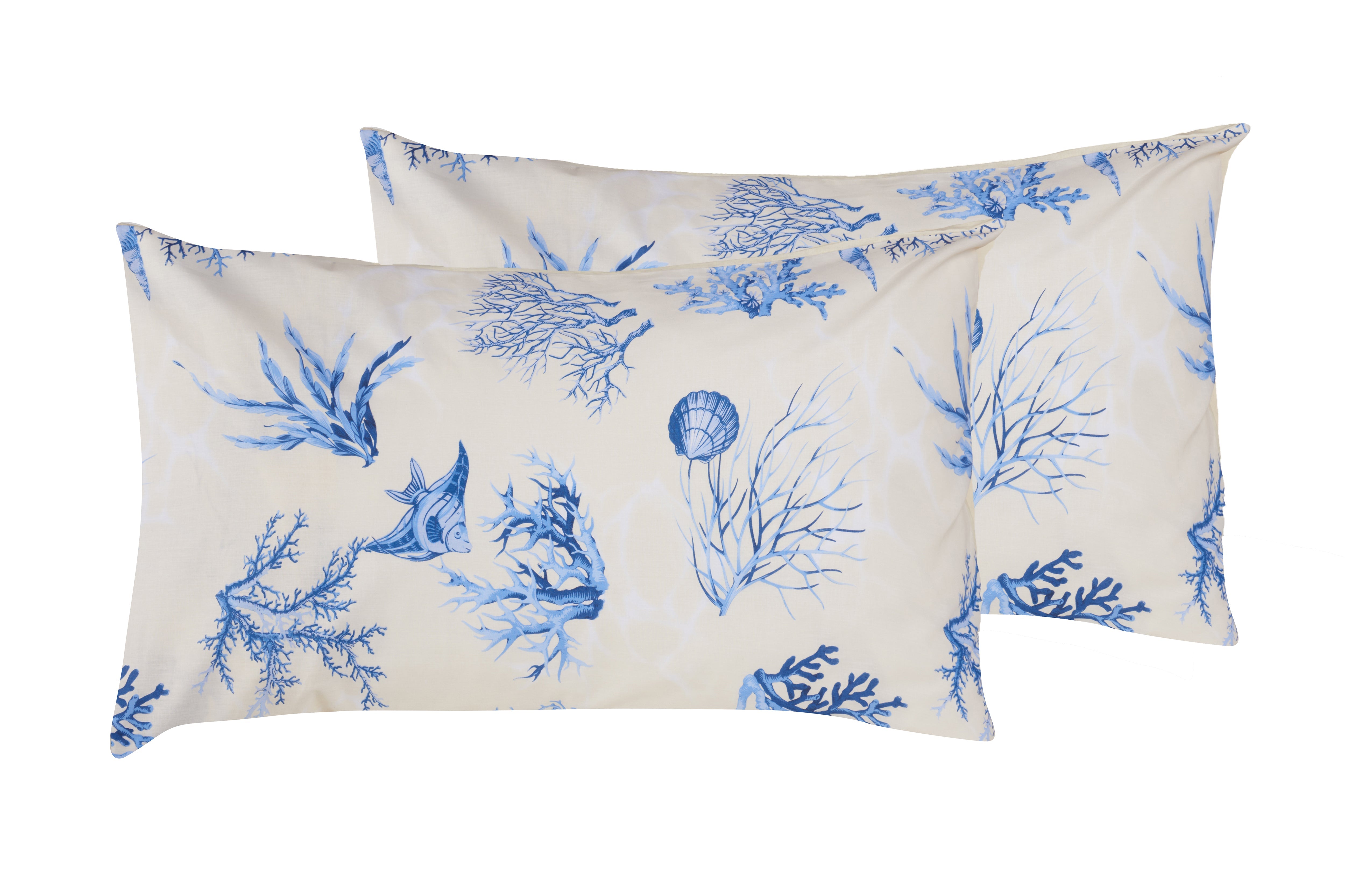 Completo letto lenzuola federe bifaccia double face stampa digitale in cotone made in italy  CORALLI BLU /NATURALE