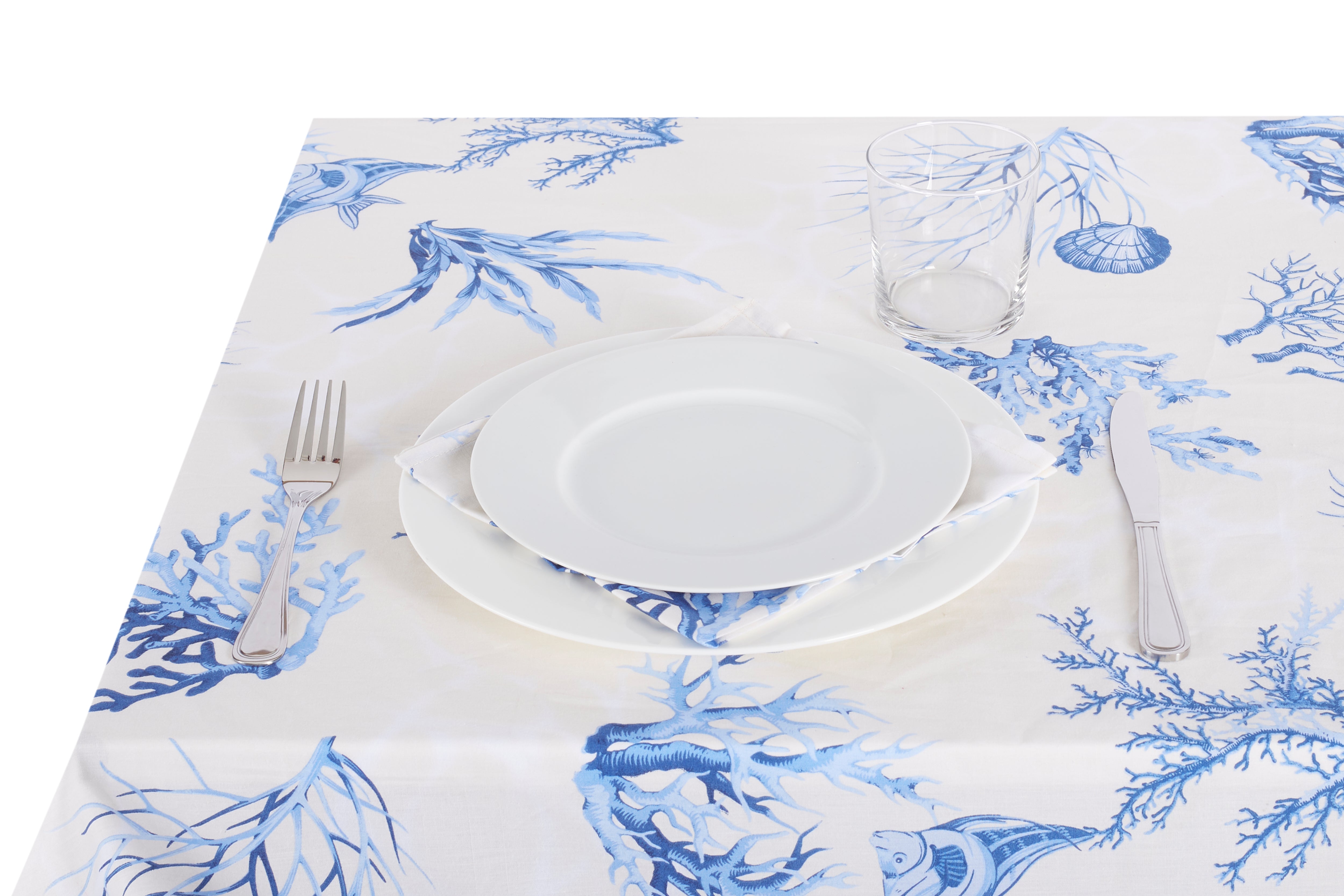 Tovaglia da tavola in 100% cotone stampa digitale dai colori vivi ed intensi lavabile in lavatrice made in Italy CORALLI BLU