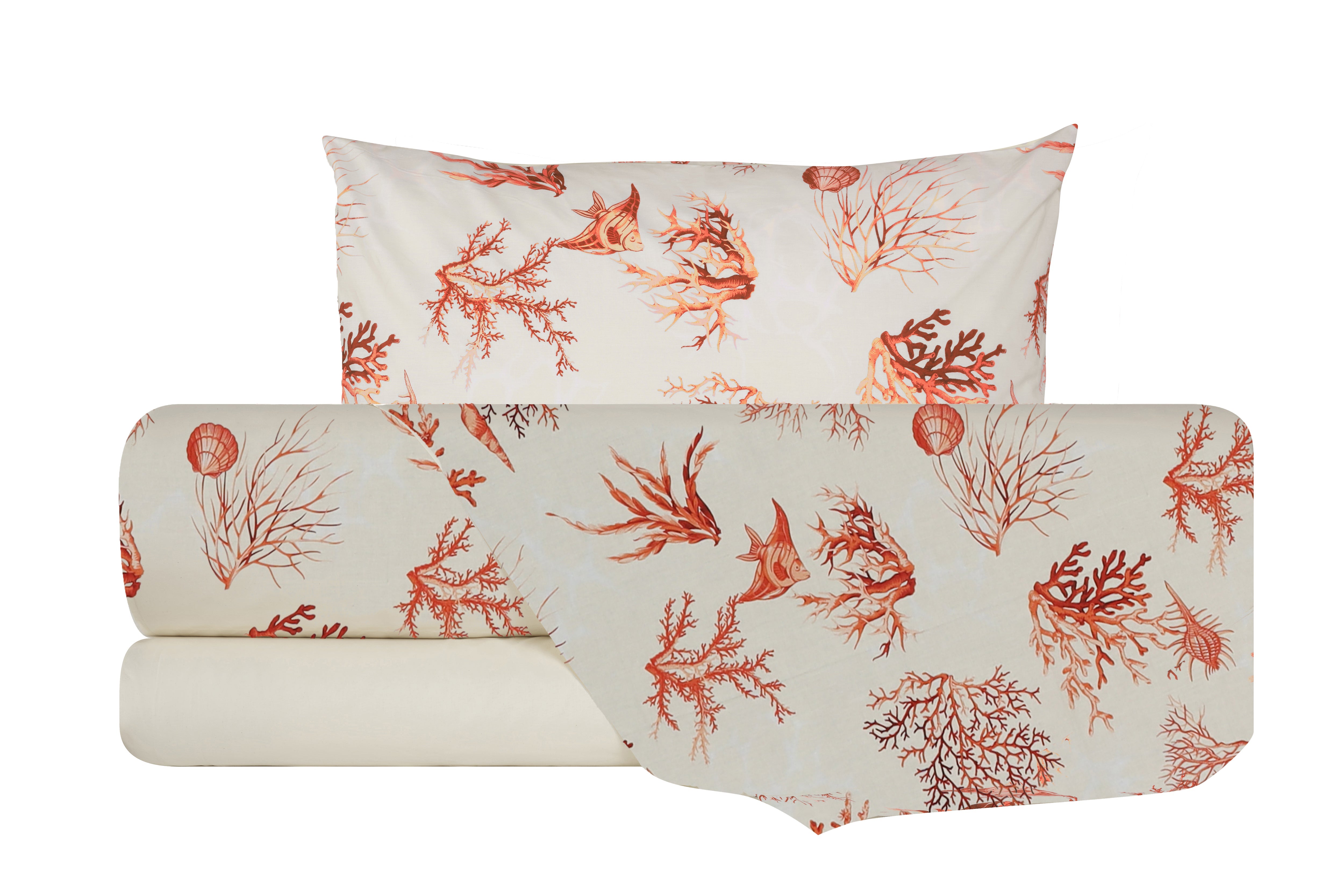 Completo letto lenzuola federe bifaccia double face stampa digitale in cotone made in italy  CORALLI ROSSI / NATURALE