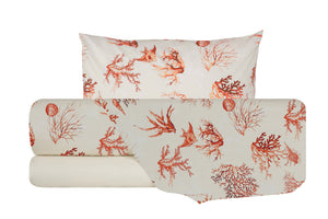 Completo letto lenzuola federe bifaccia double face stampa digitale in cotone made in italy  CORALLI ROSSI / NATURALE