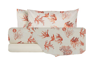 Completo letto lenzuola federe bifaccia double face stampa digitale in cotone made in italy  CORALLI ROSSI / NATURALE