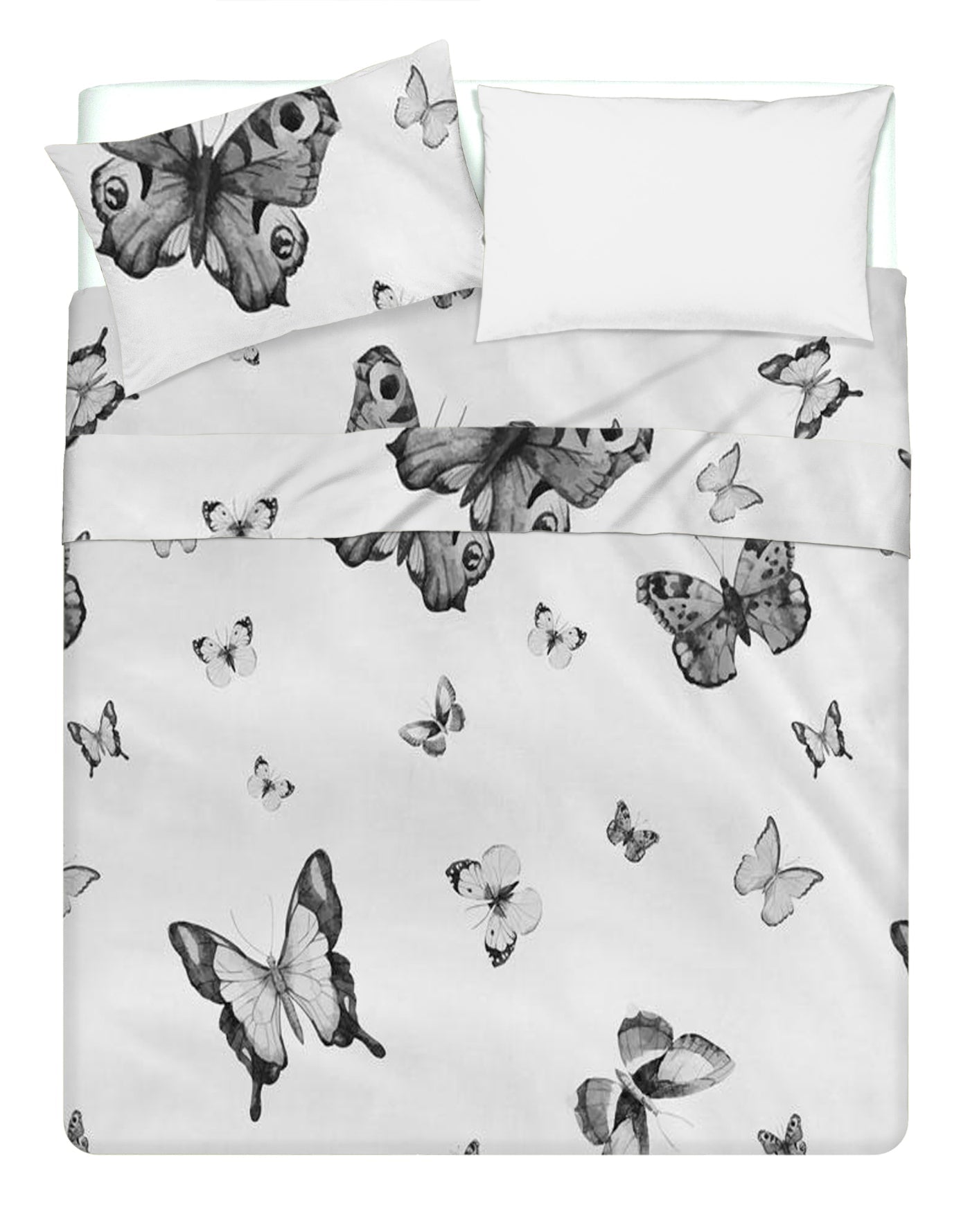 Completo letto lenzuola federe bifaccia double face stampa digitale in cotone made in italy FARFALLE BIANCO-NERO/BIANCO