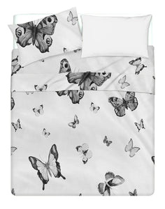 Completo letto lenzuola federe bifaccia double face stampa digitale in cotone made in italy FARFALLE BIANCO-NERO/BIANCO
