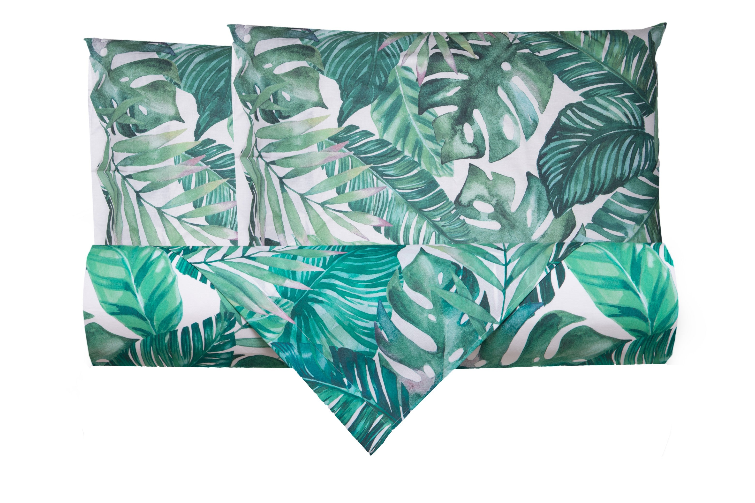 Set Copripiumino federe parure Copripiumino Stampa Digitale Cotone Made in Italy FOGLIE VERDI/BIANCO