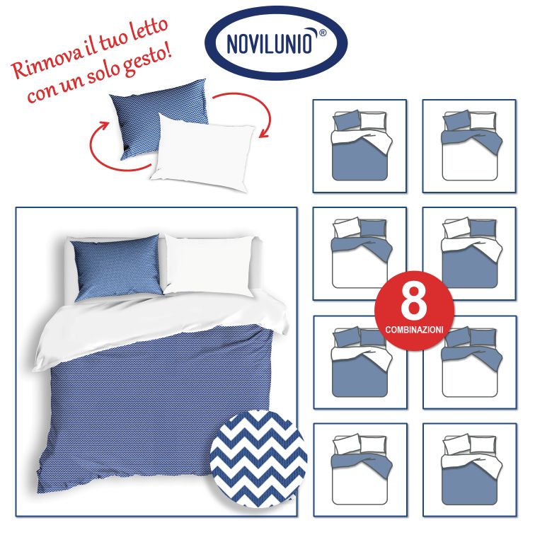 Set copripiumino federe bifaccia doubleface parure copripiumino stampa digitale 100% cotone Made in Italy ZIG ZAG BLU - NOVILUNIO.IT