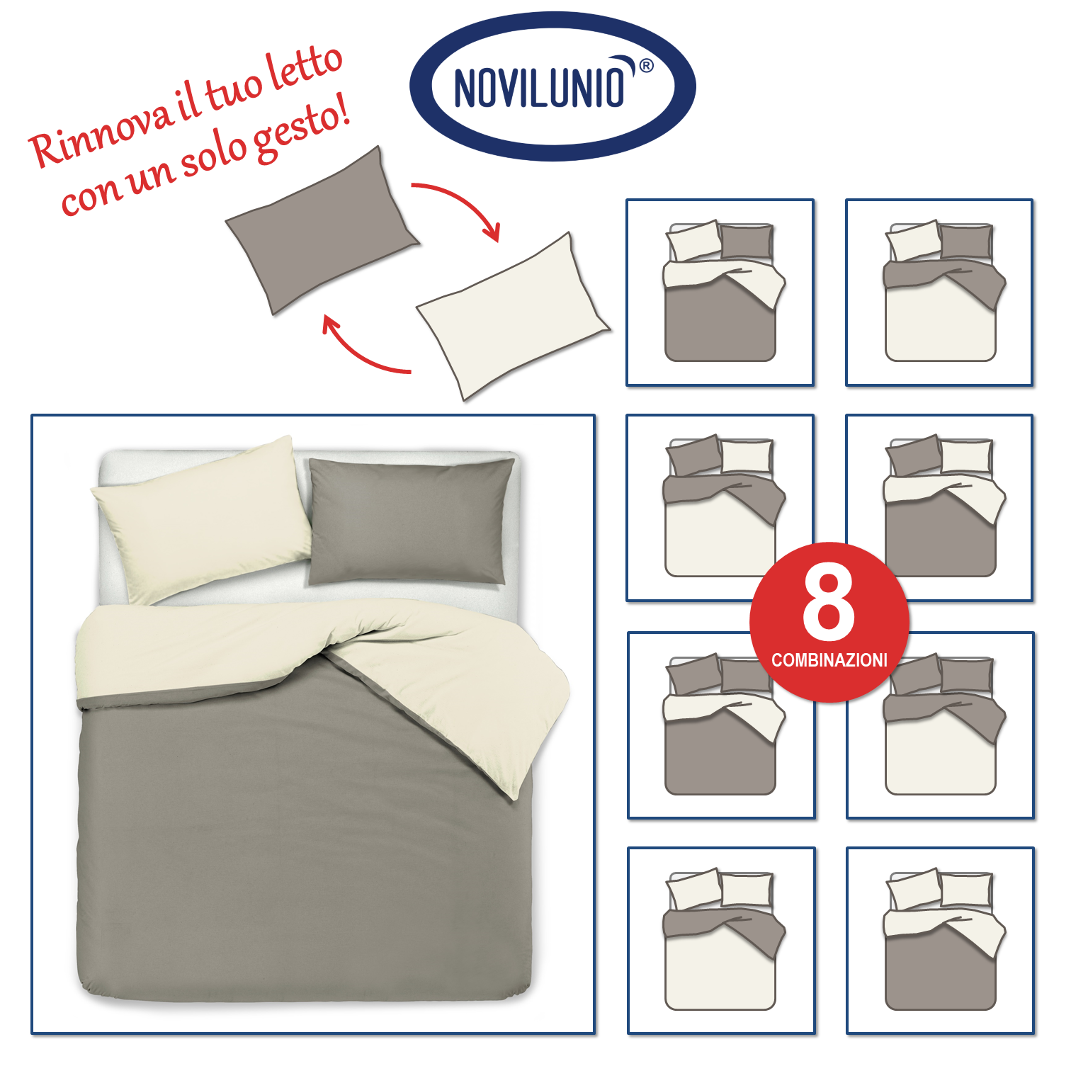 Set Copripiumino federe bifaccia Doubleface parure Copripiumino Stampa Digitale 100% Cotone Made in Italy RICORDI/PANNA