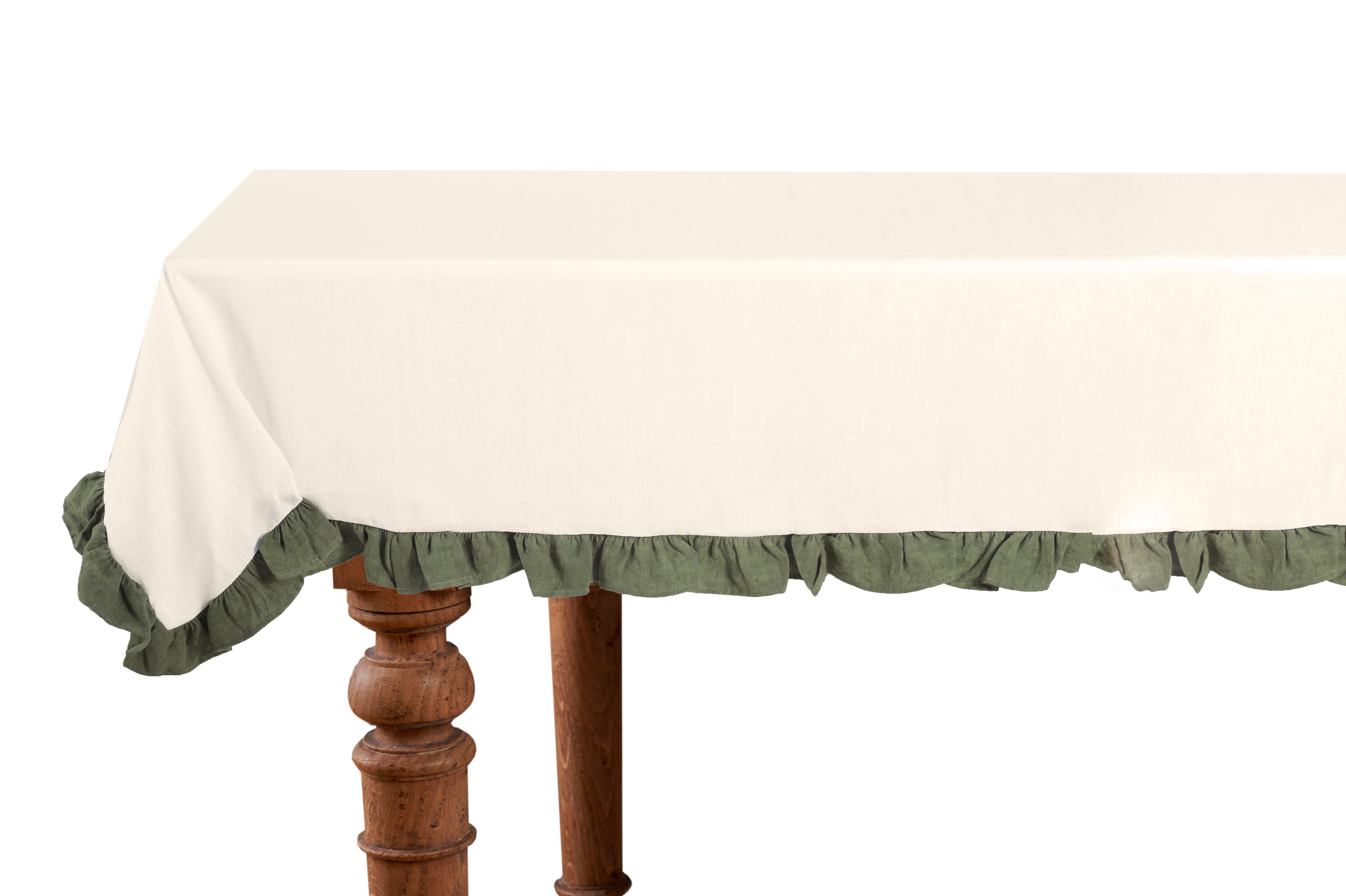 Tovaglia da tavola in 100% puro lino lavato delavè stone washed morbido resistente elegante made in italy  Avorio con Frou Fou Oliva