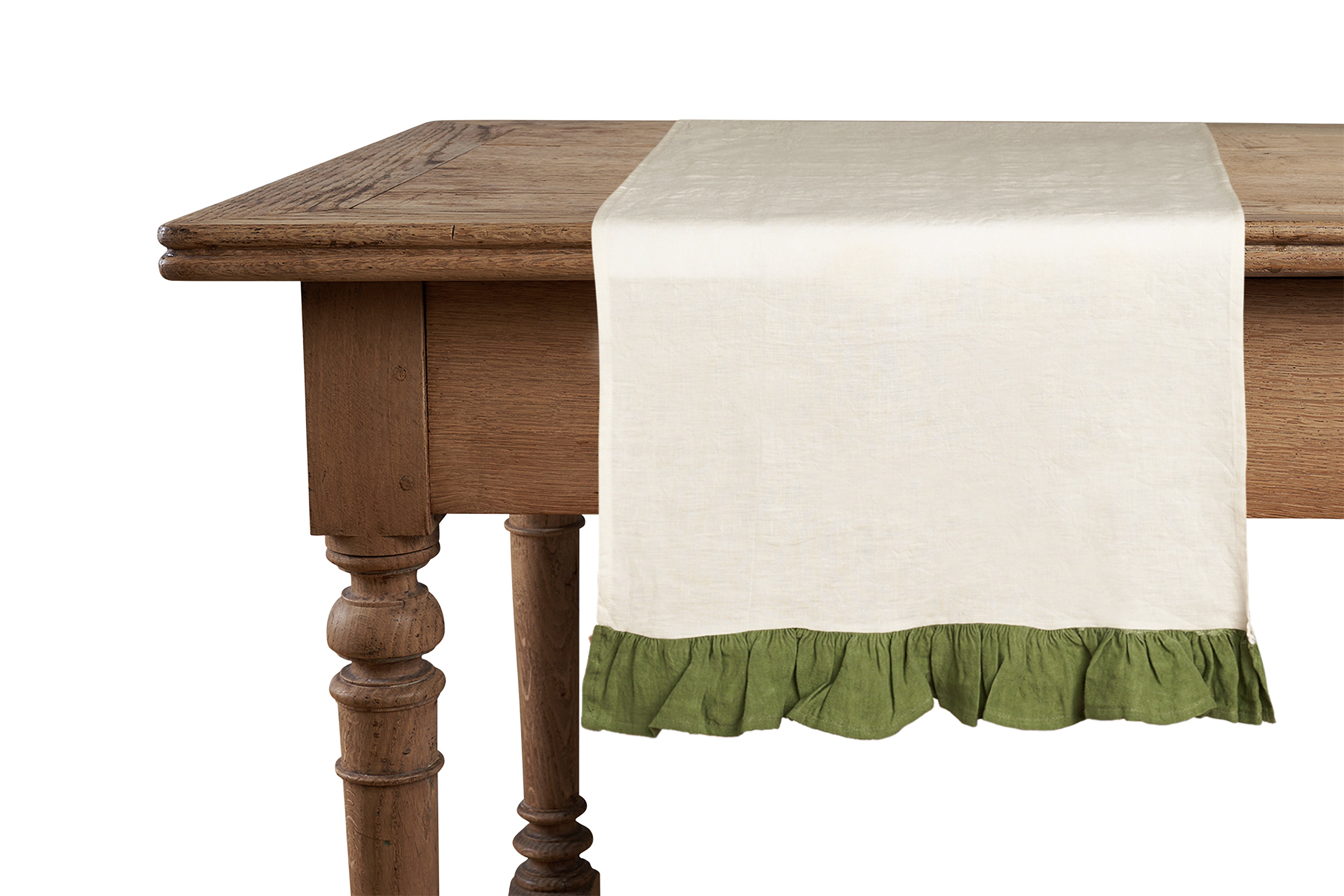 Runner da tavola in 100% puro lino lavato delavè stone washed morbido resistente elegante made in italy Avorio con Frou Frou Oliva