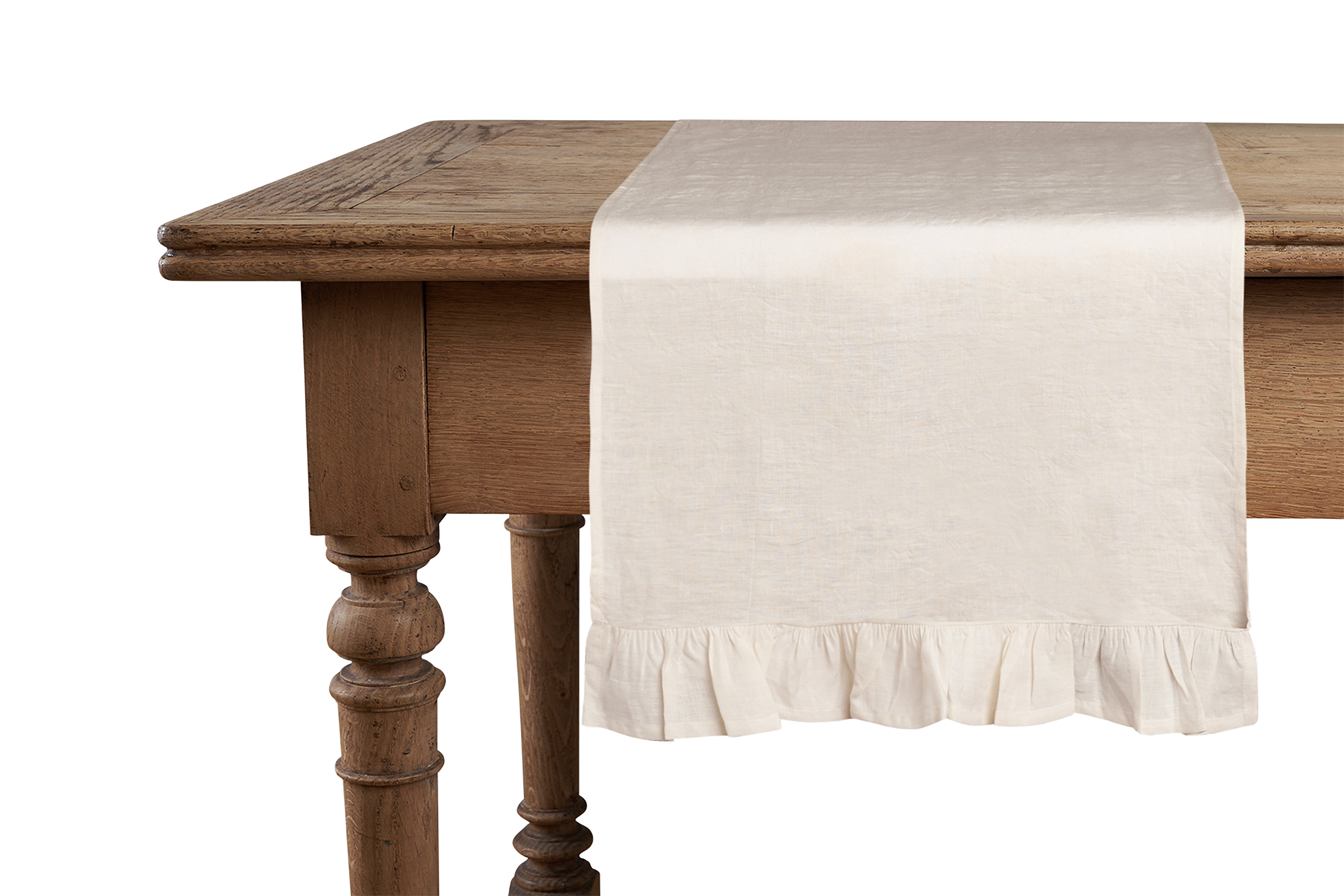 Runner da tavola in 100% puro lino lavato delavè stone washed morbido resistente elegante made in italy Avorio con Frou Frou