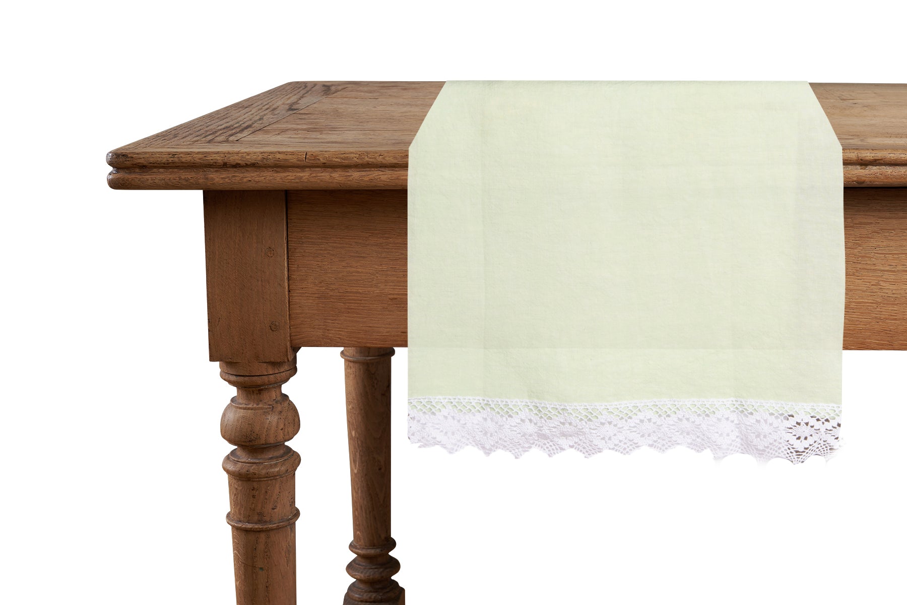 Runner da tavola in 100% puro lino lavato delavè stone washed morbido resistente elegante made in italy Verde Delicato con Pizzo