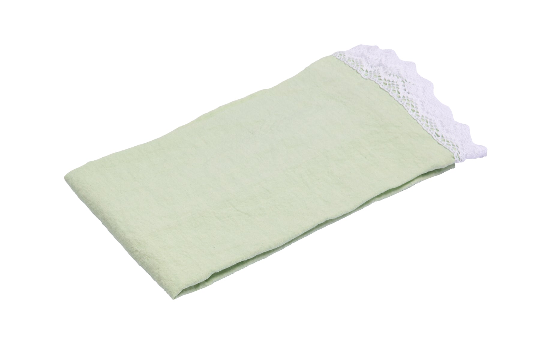 Runner da tavola in 100% puro lino lavato delavè stone washed morbido resistente elegante made in italy Verde Delicato con Pizzo