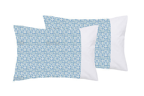 Completo letto lenzuola federe bifaccia double face stampa digitale in cotone made in italy  MAIOLICHE QUADRETTI BLU/BIANCO