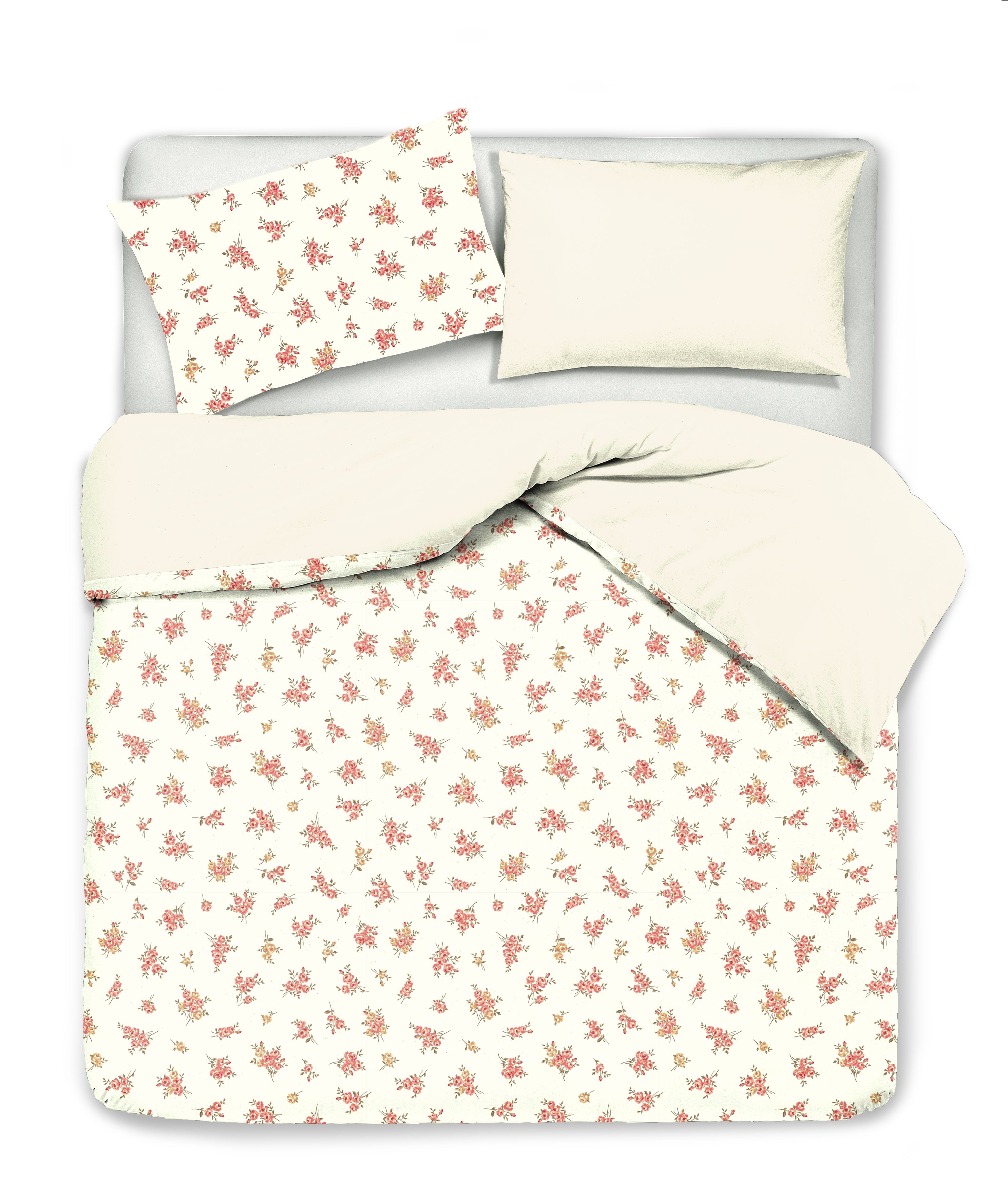 Set Copripiumino federe bifaccia Doubleface parure Copripiumino Stampa Digitale 100% Cotone Made in Italy FIORELLINI/PANNA