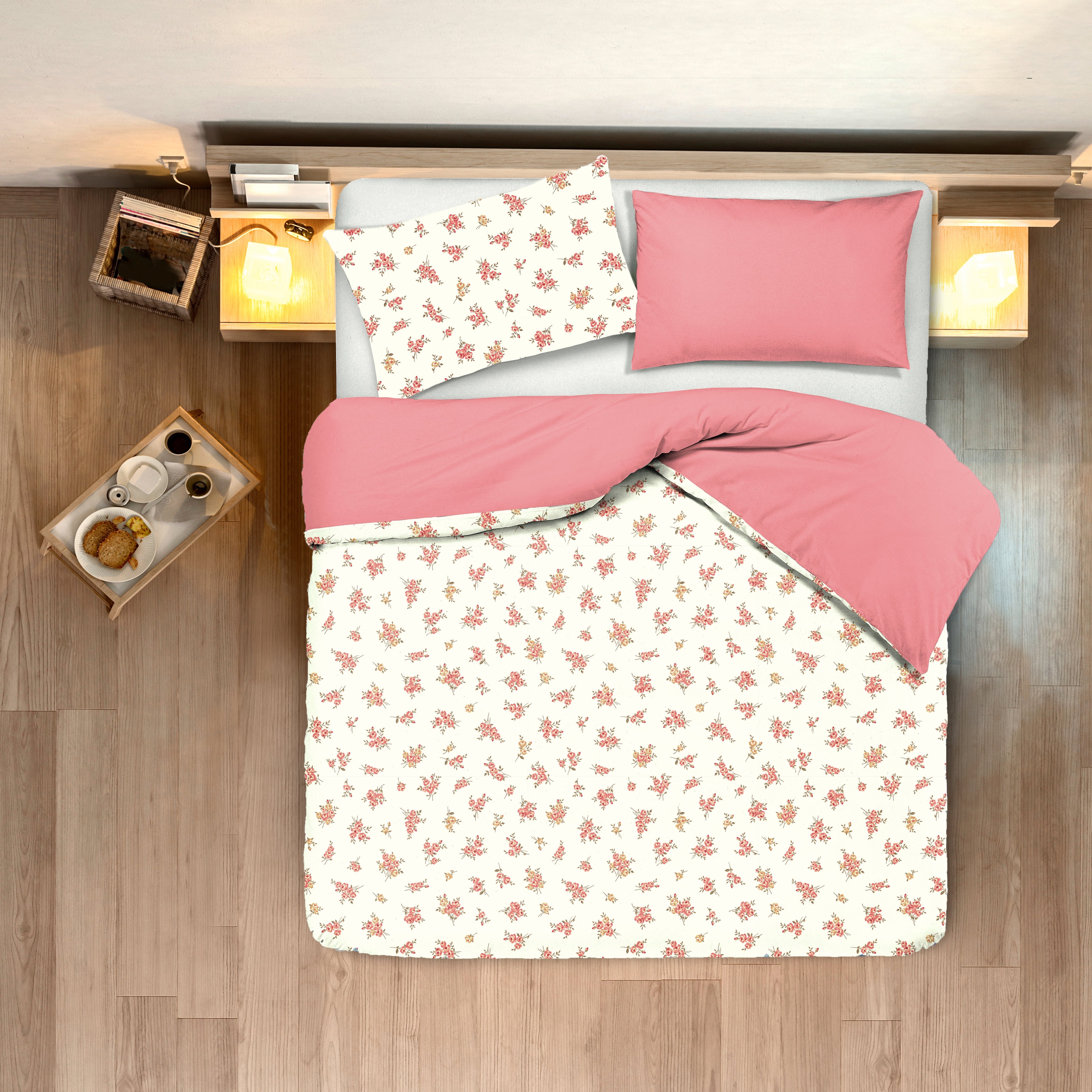 Set Copripiumino federe bifaccia Doubleface parure Copripiumino Stampa Digitale 100% Cotone Made in Italy FIORELLINI/ROSA ANTICO