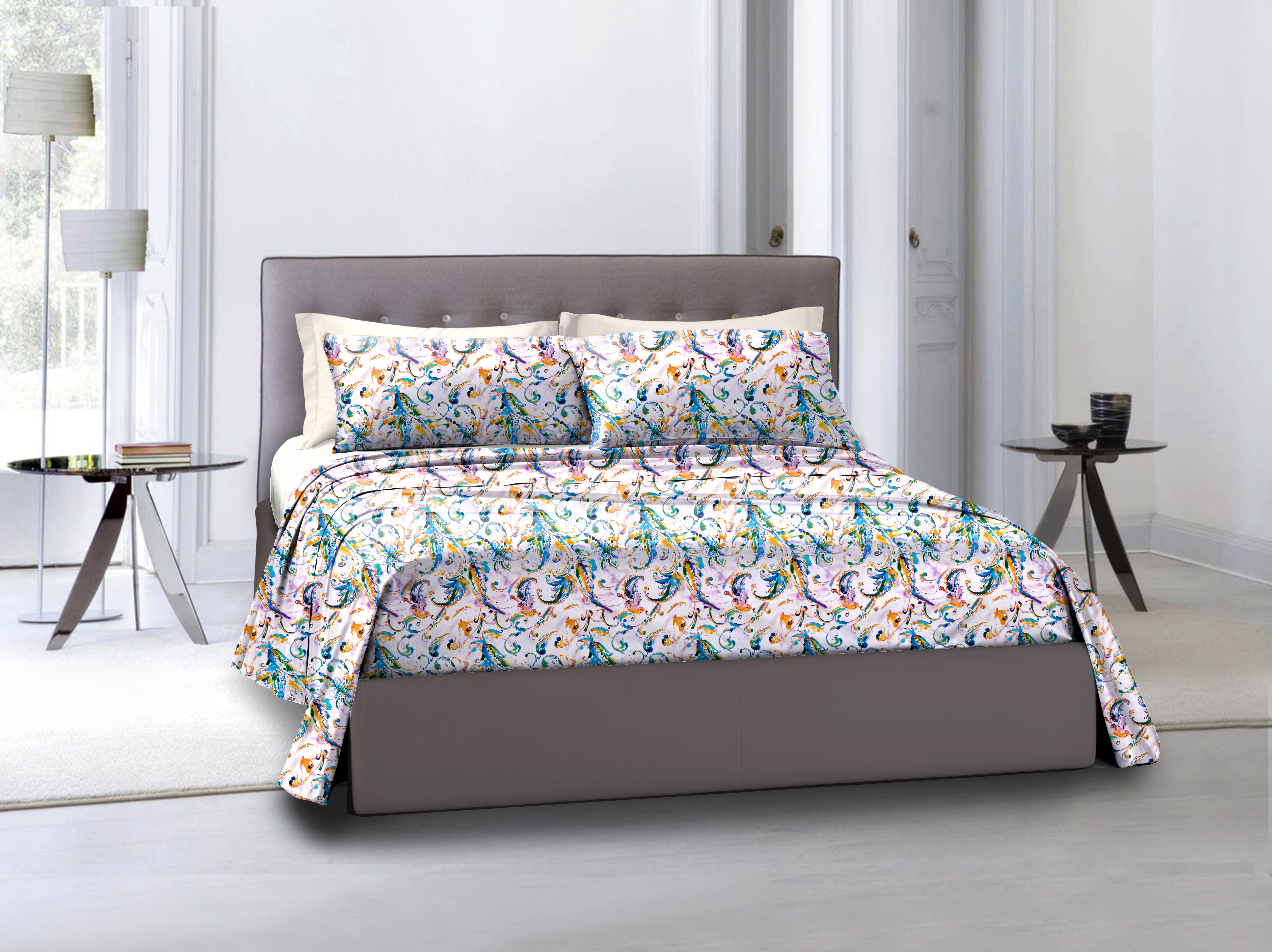 Completo letto lenzuola federe stampa digitale in cotone made in italy PAISLEY MULTICOLOR - Vanita di raso