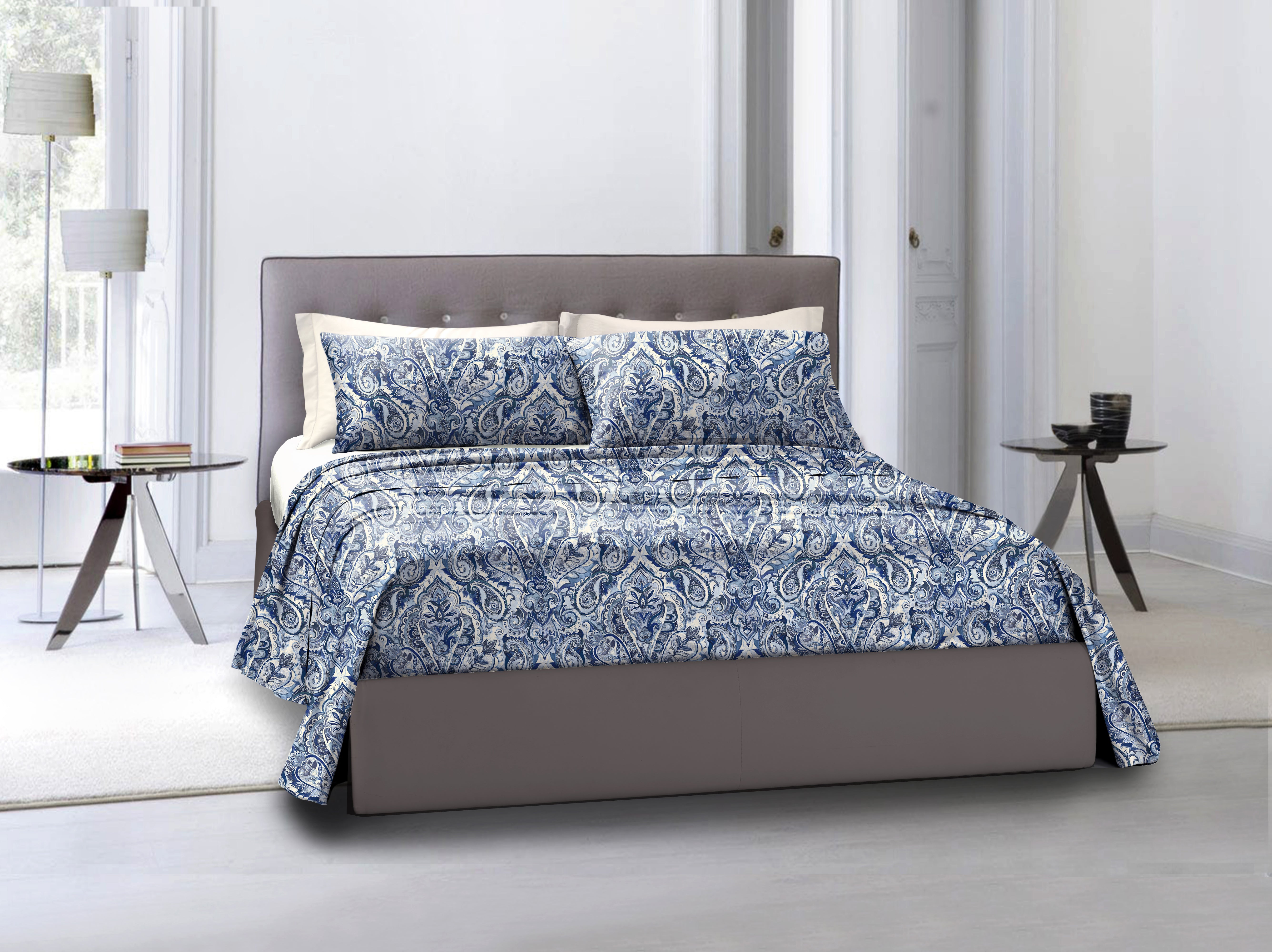 Completo letto lenzuola federe stampa digitale in cotone made in italy PAISLEY AZZURRO - Vanita di raso
