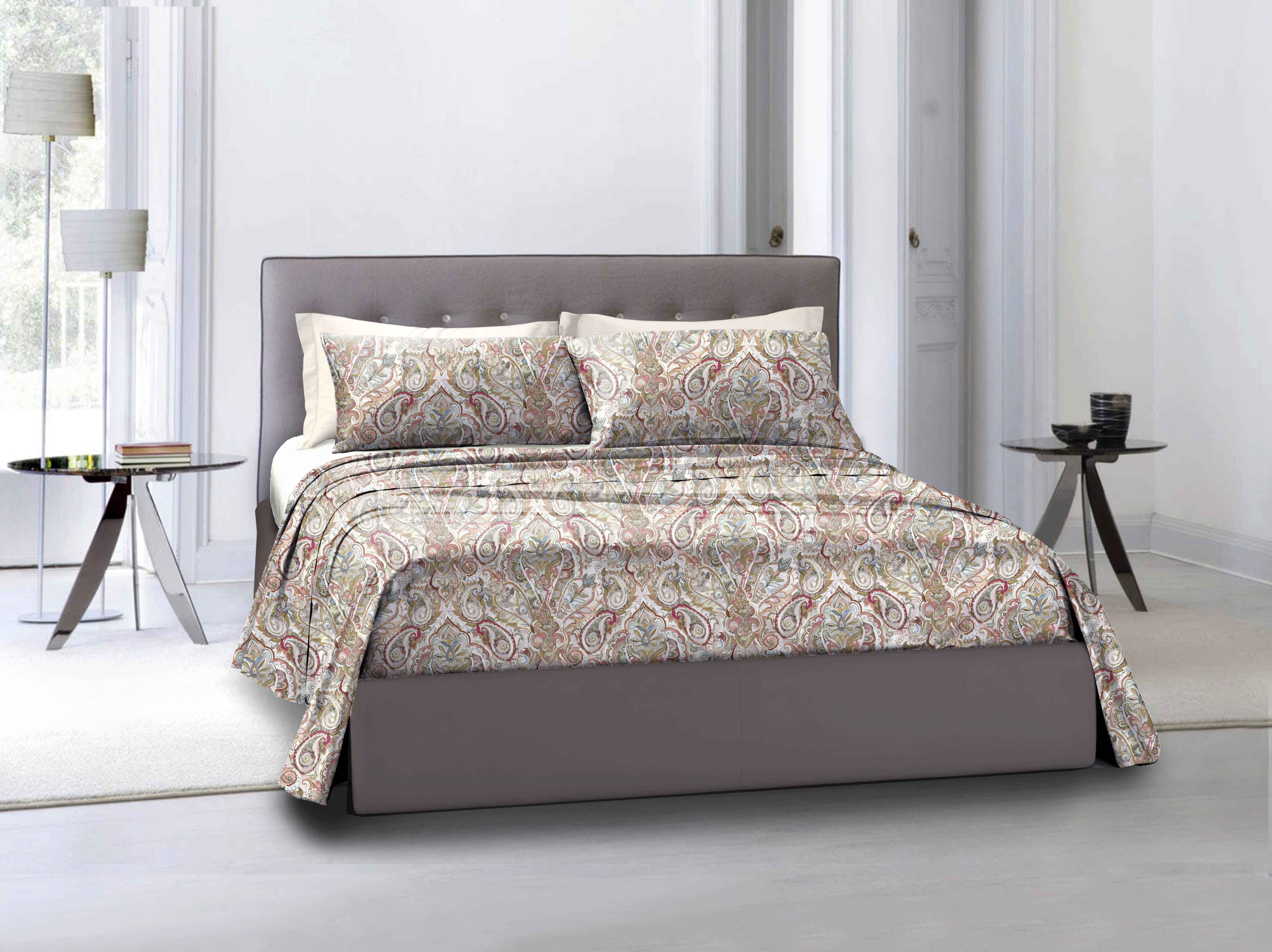 Completo letto lenzuola federe stampa digitale in cotone made in italy PAISLEY DORATO - Vanita di raso