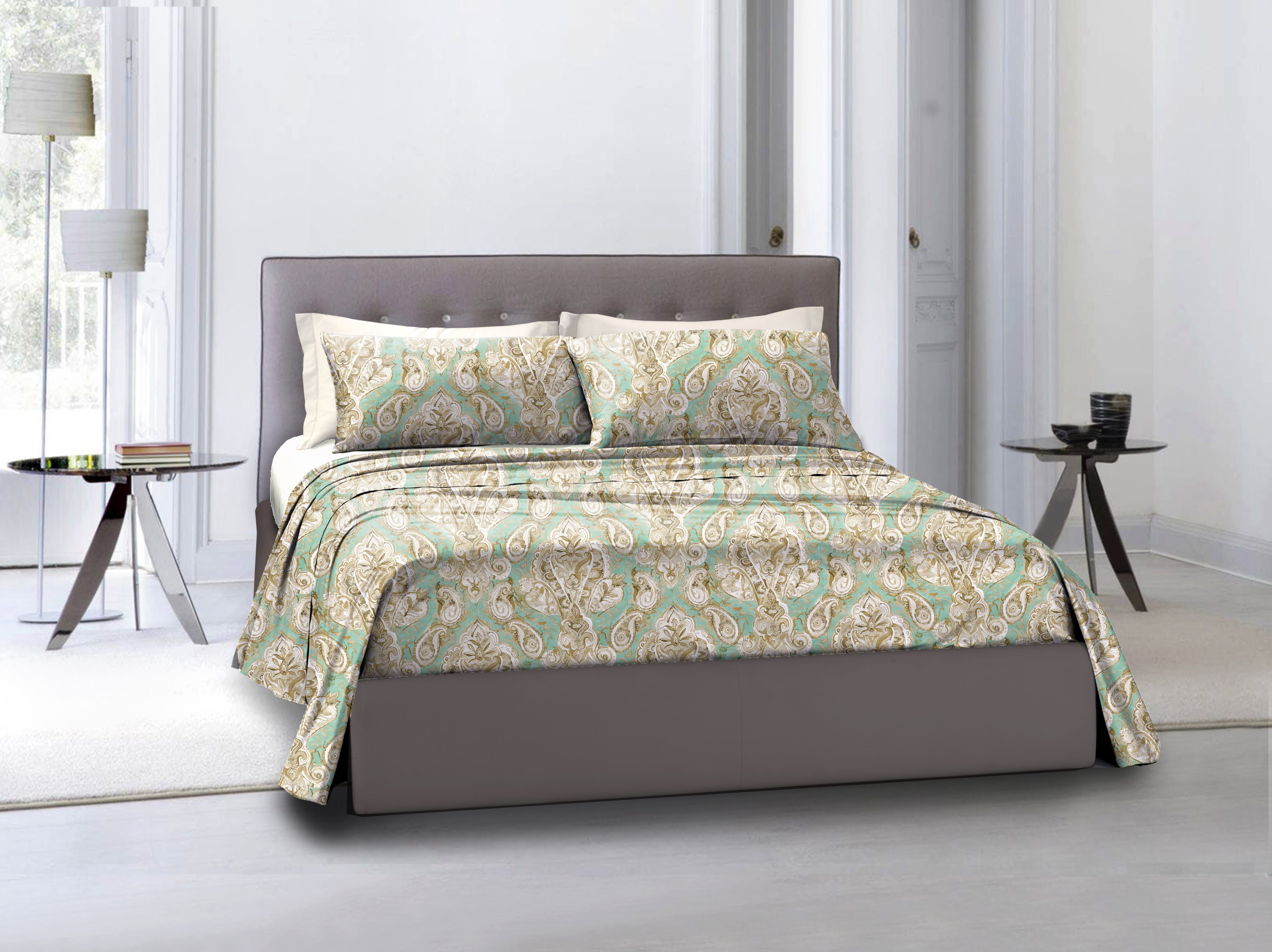 Completo letto lenzuola federe stampa digitale in cotone made in italy PAISLEY VERDE - Vanita di raso