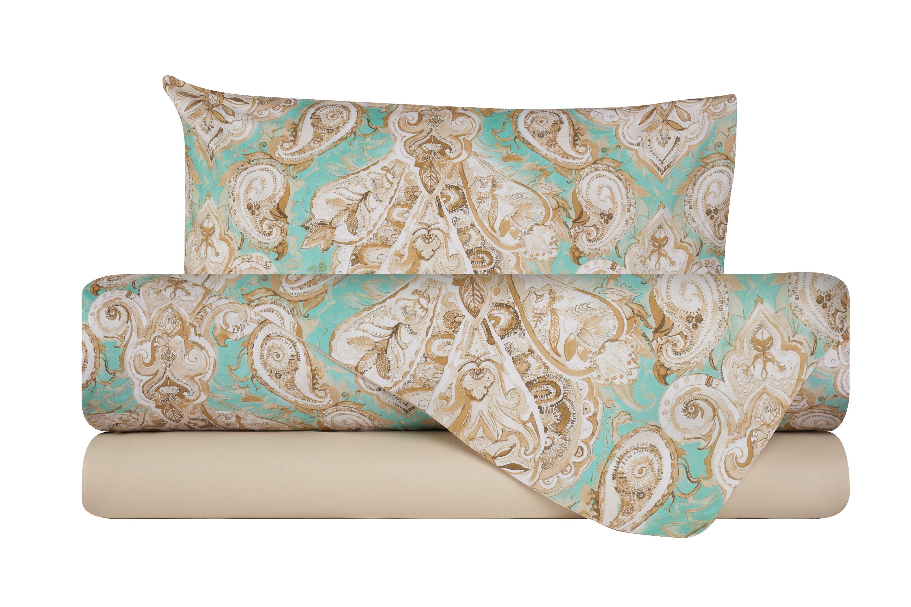 Completo letto lenzuola federe bifaccia double face stampa digitale in cotone made in italy PAISLEY VERDE