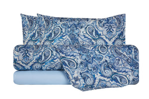 Completo letto lenzuola federe bifaccia double face stampa digitale in cotone made in italy PAISLEY AZZURRO
