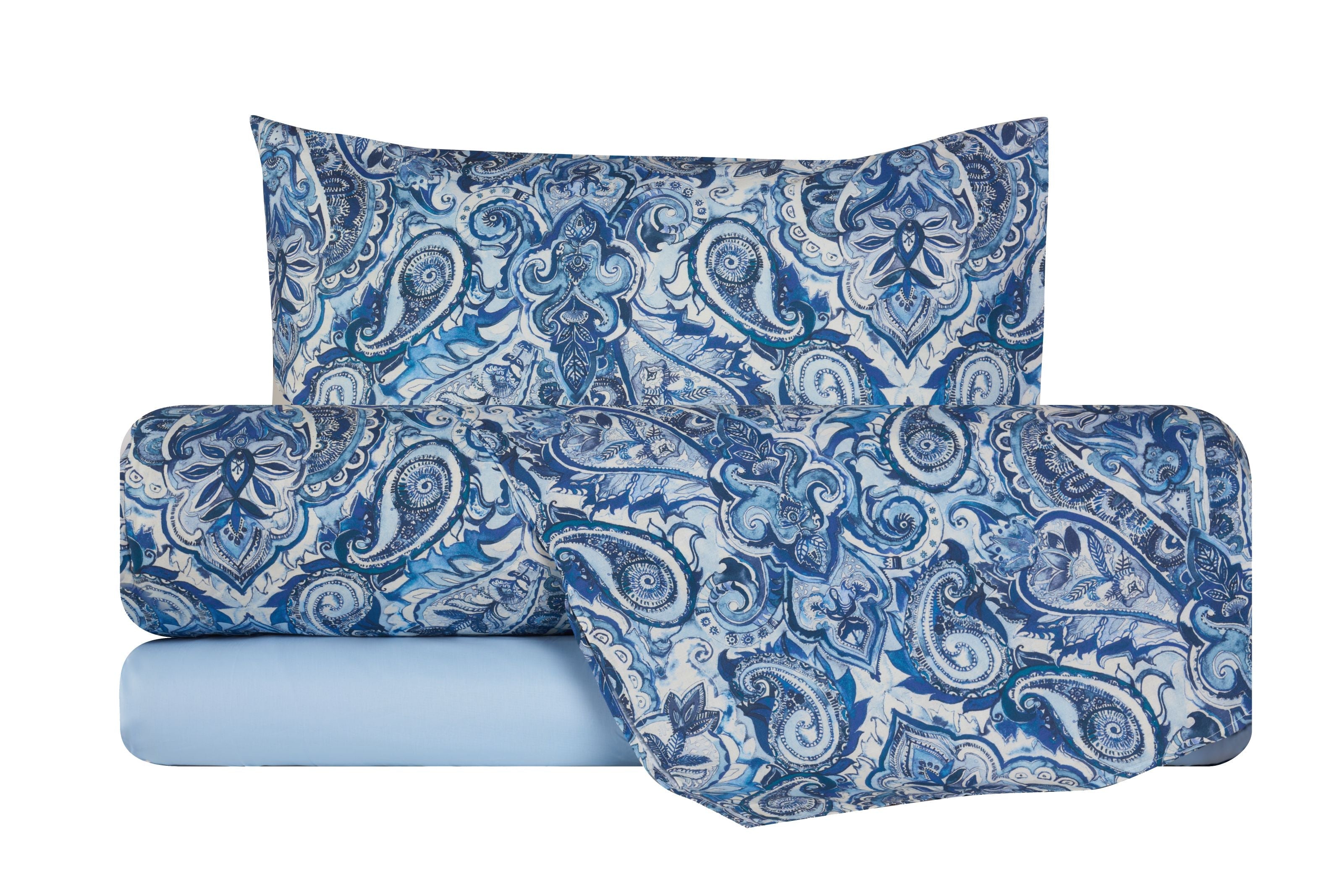 Completo letto lenzuola federe bifaccia double face stampa digitale in cotone made in italy PAISLEY AZZURRO