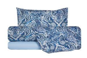 Completo letto lenzuola federe bifaccia double face stampa digitale in cotone made in italy PAISLEY AZZURRO