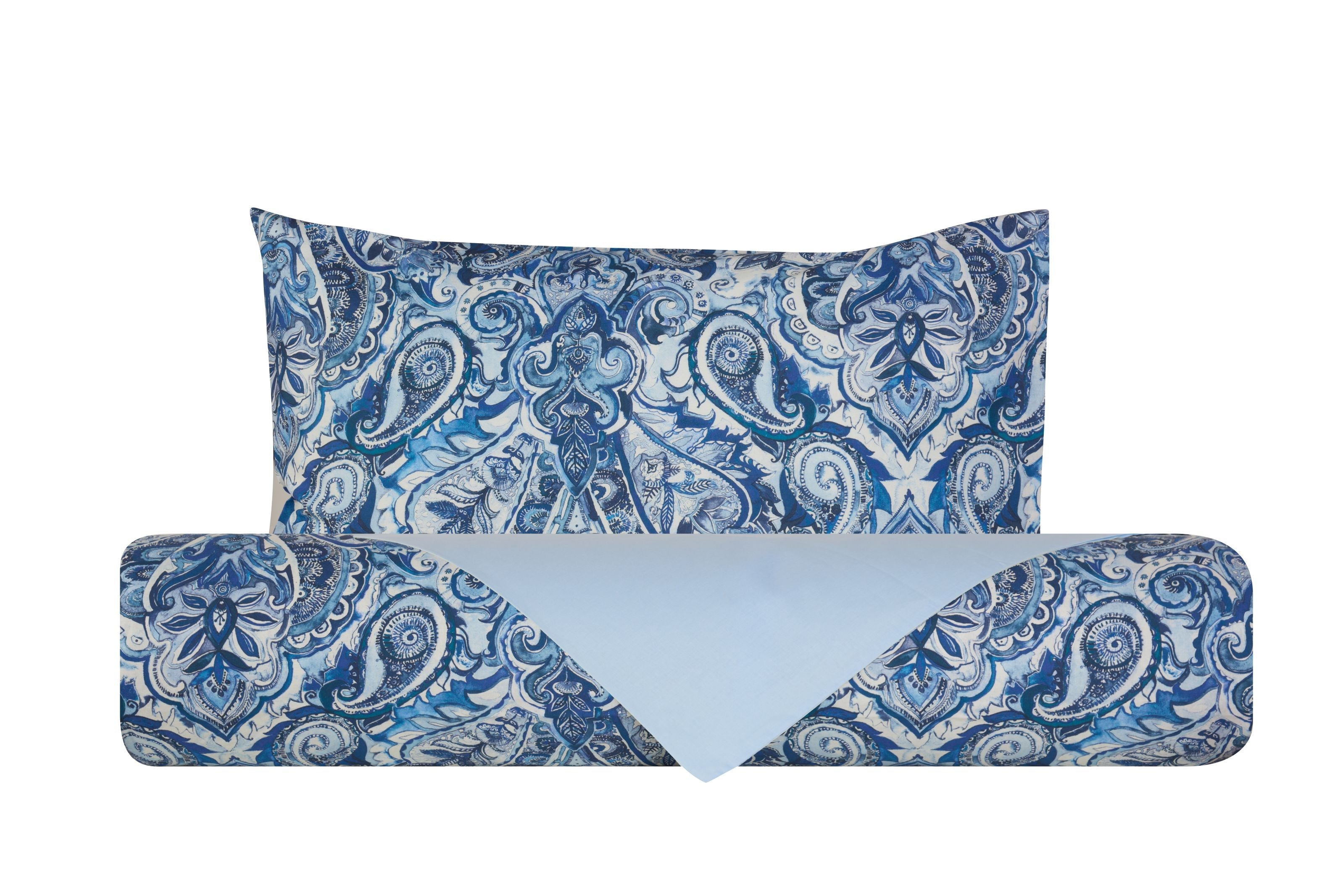 Set copripiumino federe bifaccia Doubleface parure Copripiumino eleganti fantasie stampa digitale 100% cotone Made in Italy PAISLEY AZZURRO