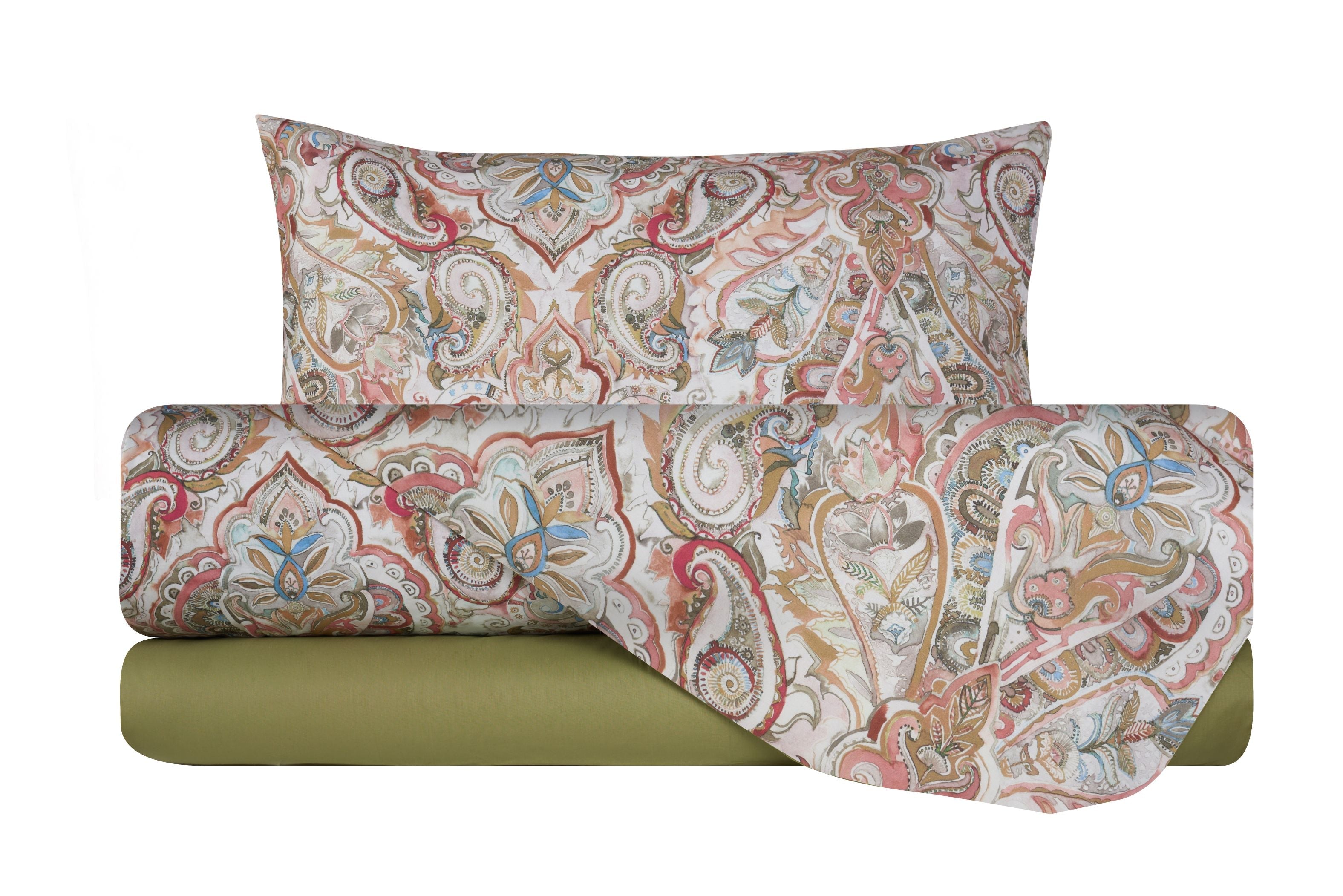 Completo letto lenzuola federe bifaccia double face stampa digitale in cotone made in italy PAISLEY DORATO
