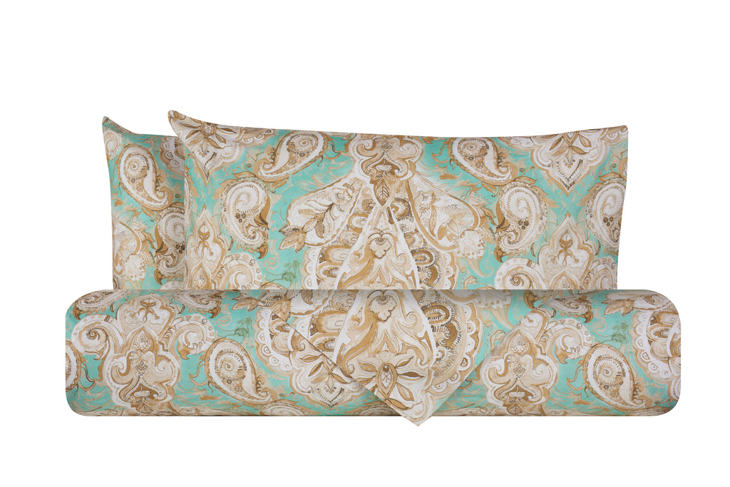 Set copripiumino federe parure Copripiumino eleganti fantasie stampa digitale 100% cotone Made in Italy PAISLEY VERDE - Vanita di raso