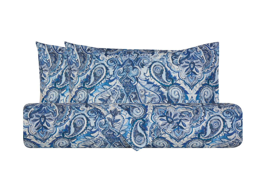 Set copripiumino federe parure Copripiumino eleganti fantasie stampa digitale 100% cotone Made in Italy PAISLEY AZZURRO - Vanita di raso