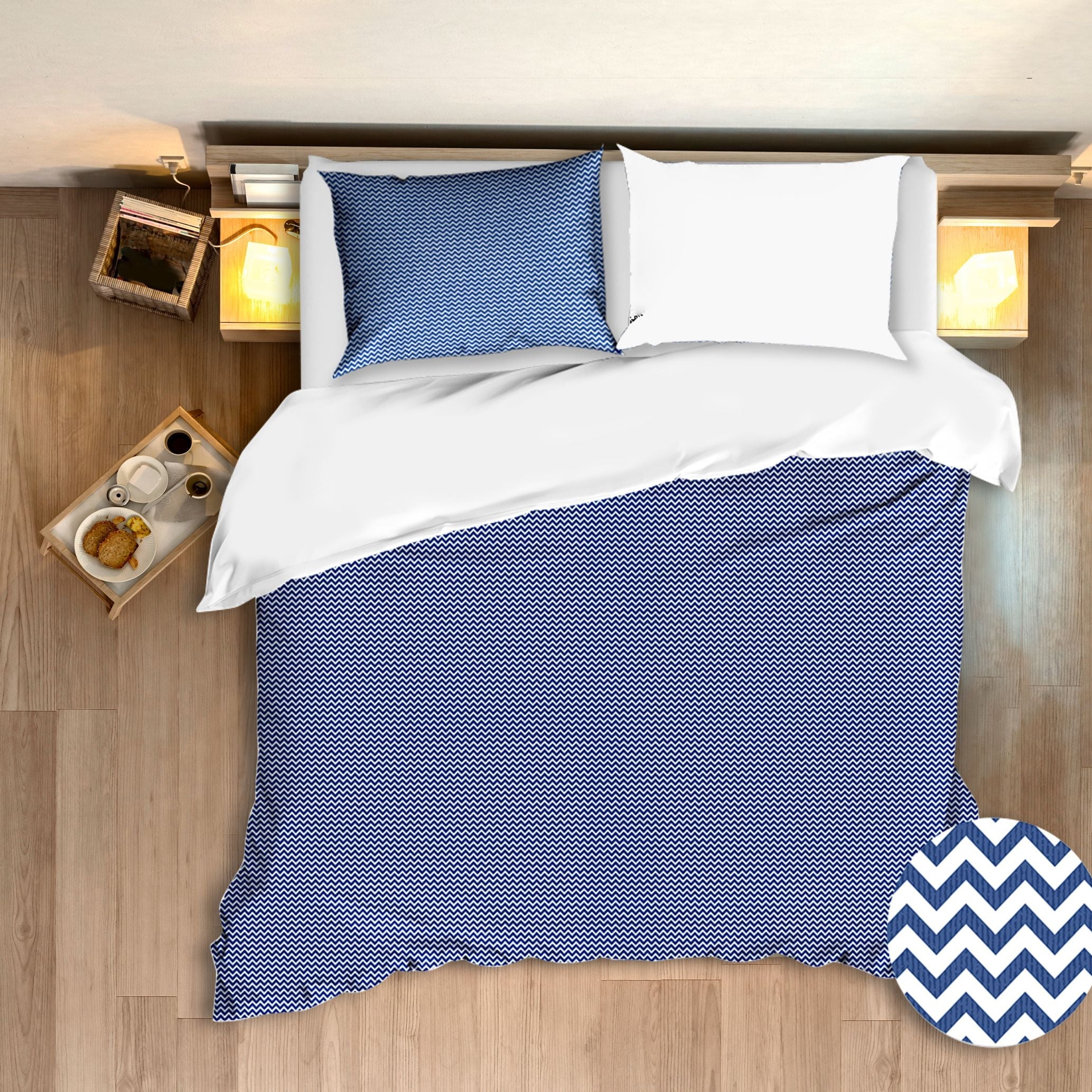 Set copripiumino federe bifaccia doubleface parure copripiumino stampa digitale 100% cotone Made in Italy ZIG ZAG BLU - NOVILUNIO.IT