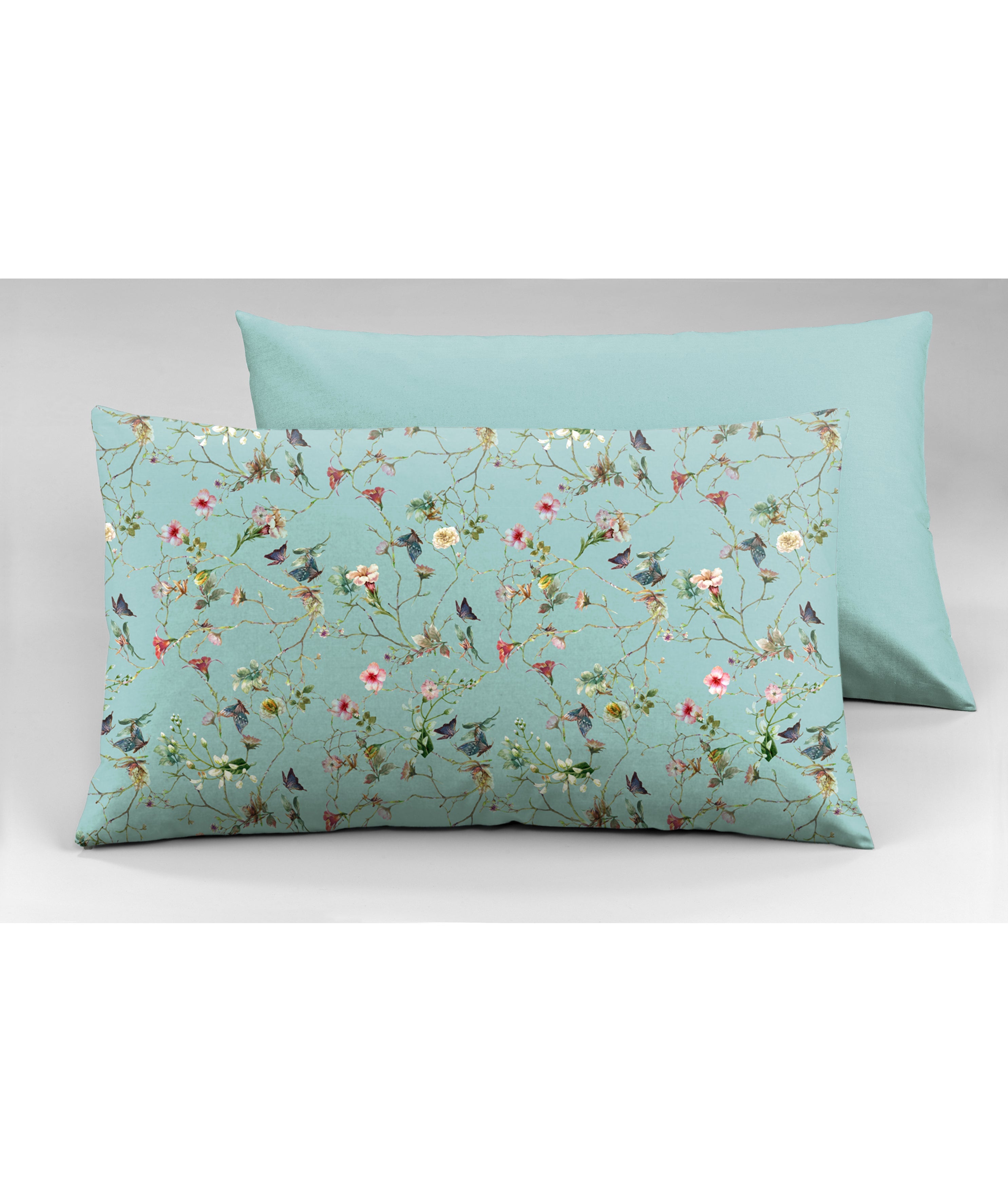 Completo letto lenzuola federe bifaccia double face stampa digitale in cotone made in italy RISVEGLIO DI PRIMAVERA/AZZURRO