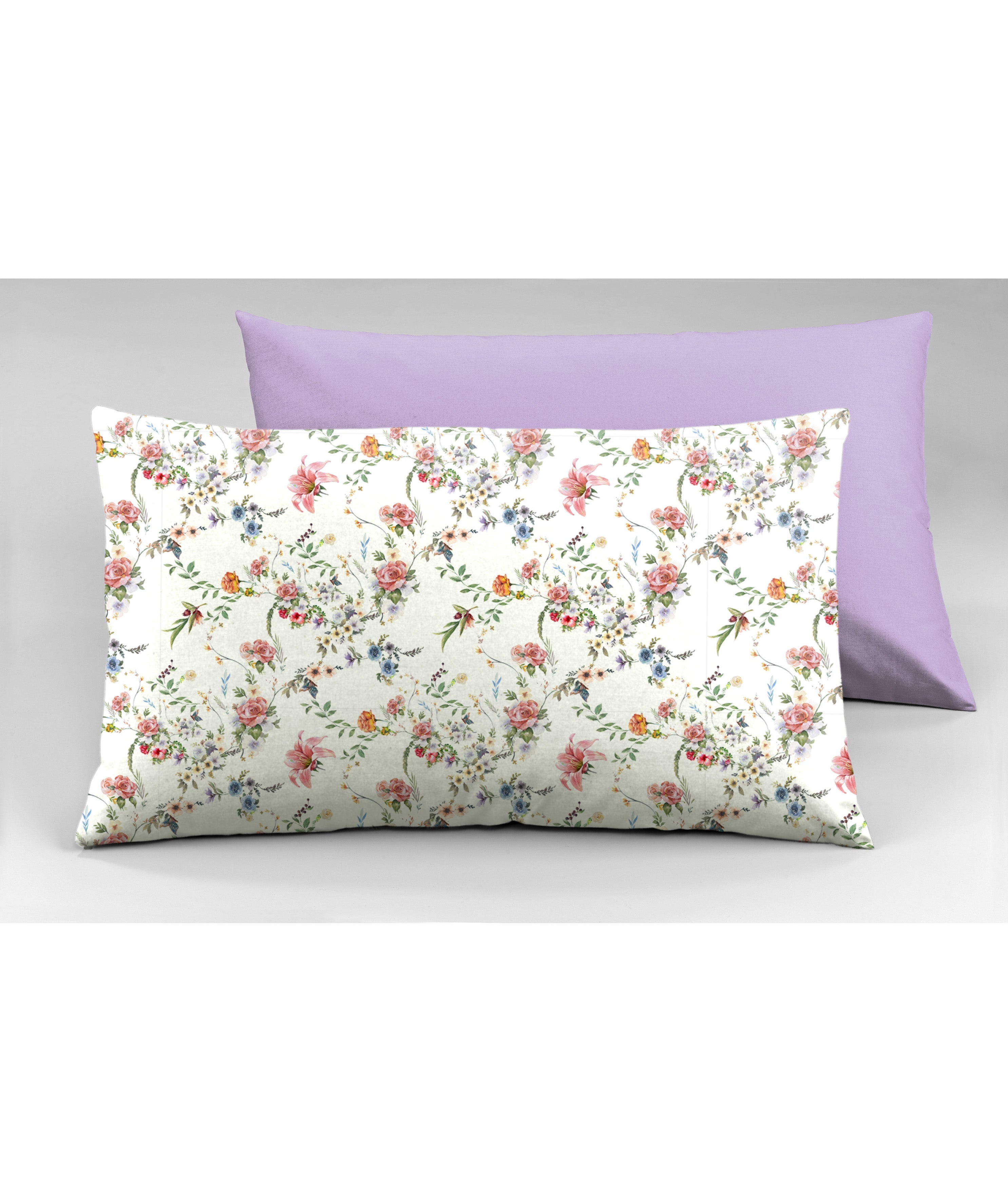 Set 2 federe coppia di federe bifaccia doubleface stampa digitale 100% cotone Made in Italy SOTTOBOSCO/LILLA