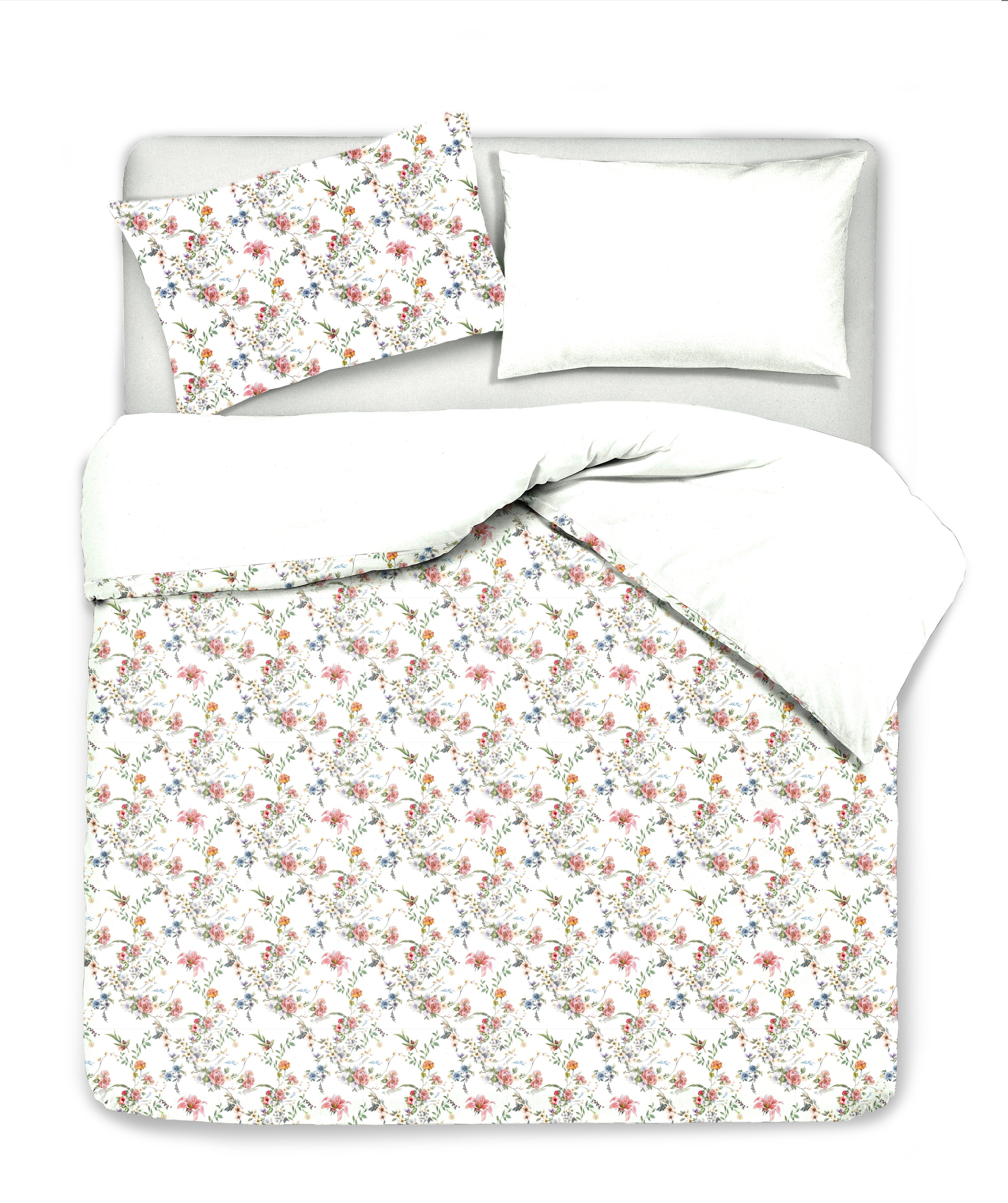 Set Copripiumino federe bifaccia Doubleface parure Copripiumino Stampa Digitale 100% Cotone Made in Italy SOTTOBOSCO/BIANCO