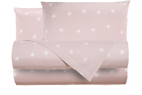 Completo letto lenzuola in cotone made in italy STELLINE BIANCHE SU FONDO ROSA