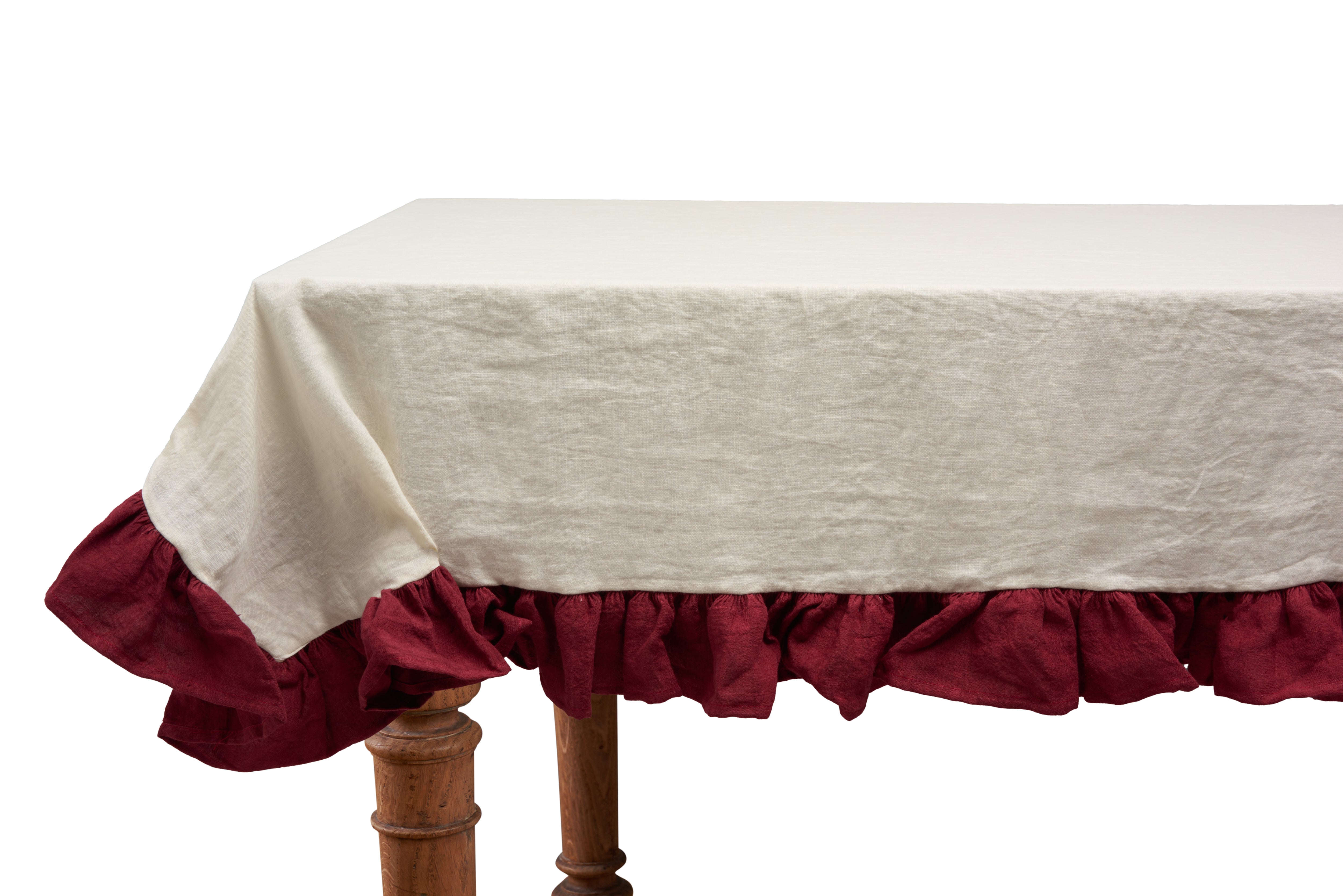 Tovaglia da tavola in 100% puro lino lavato delavè stone washed morbido resistente elegante made in italy  Avorio con Frou Fou Bordeaux