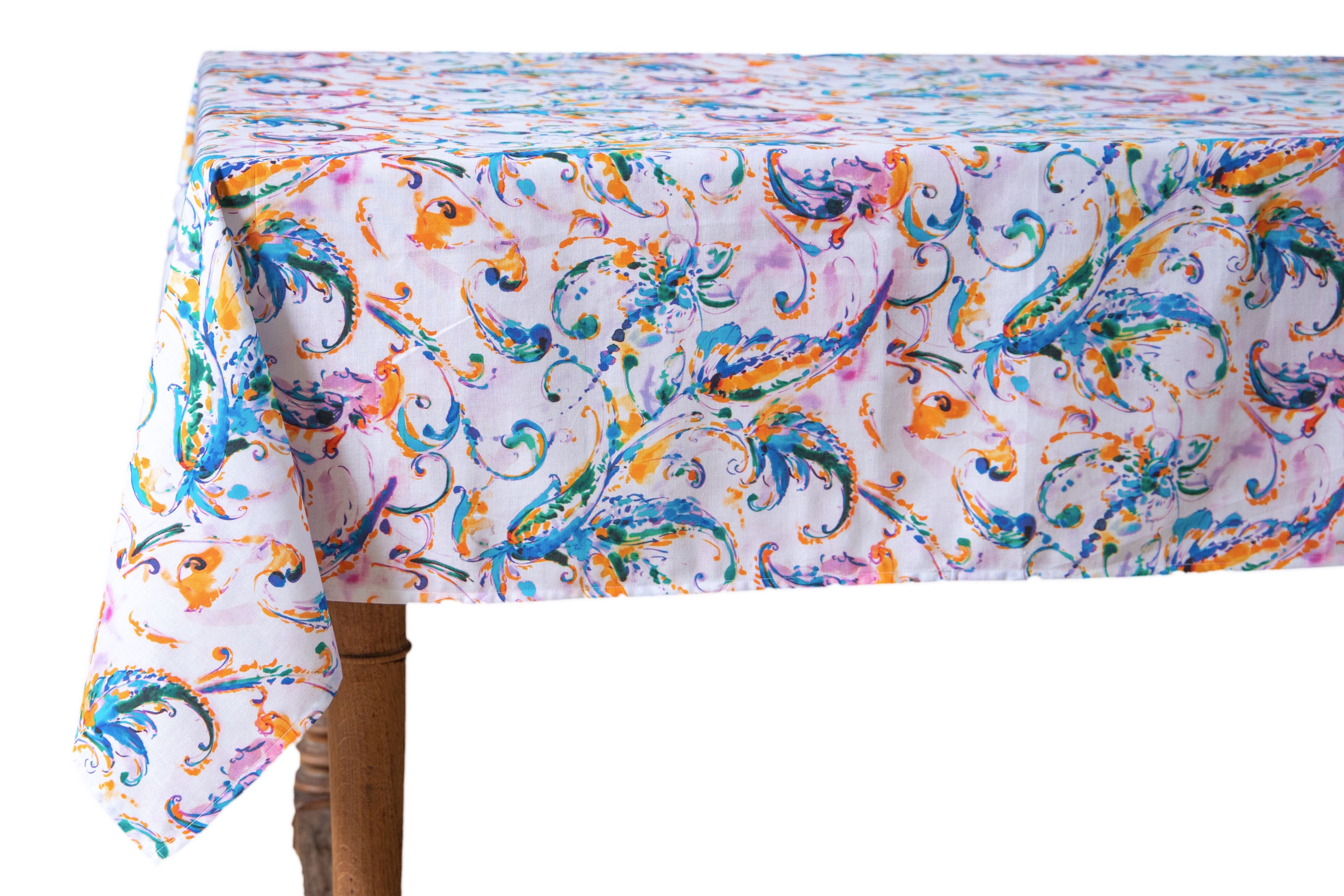 Tovaglia da tavola in 100% cotone stampa digitale dai colori vivi ed intensi lavabile in lavatrice made in Italy PAISLEY ACQUAMARINA