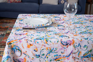 Tovaglia da tavola in 100% cotone stampa digitale dai colori vivi ed intensi lavabile in lavatrice made in Italy PAISLEY ACQUAMARINA