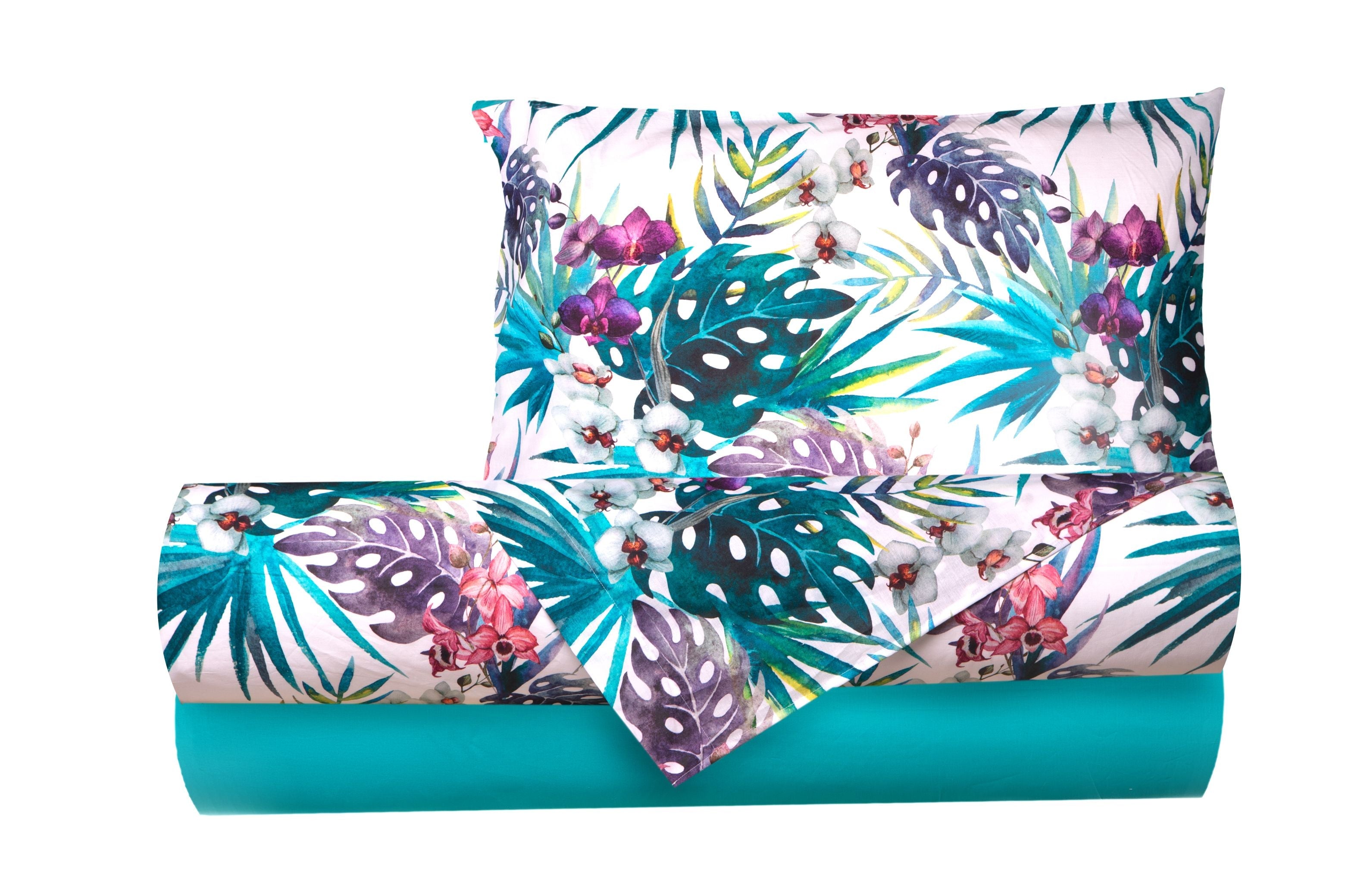 Completo letto lenzuola federe bifaccia double face stampa digitale in cotone made in italy  MALDIVE/VERDE AZZORRE