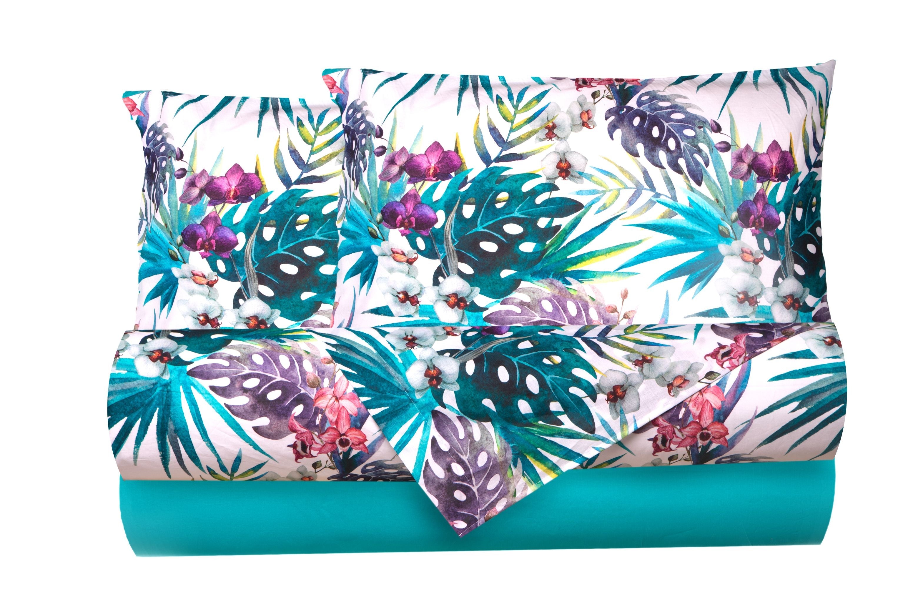 Completo letto lenzuola federe bifaccia double face stampa digitale in cotone made in italy  MALDIVE/VERDE AZZORRE