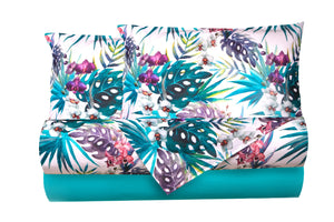Completo letto lenzuola federe bifaccia double face stampa digitale in cotone made in italy  MALDIVE/VERDE AZZORRE