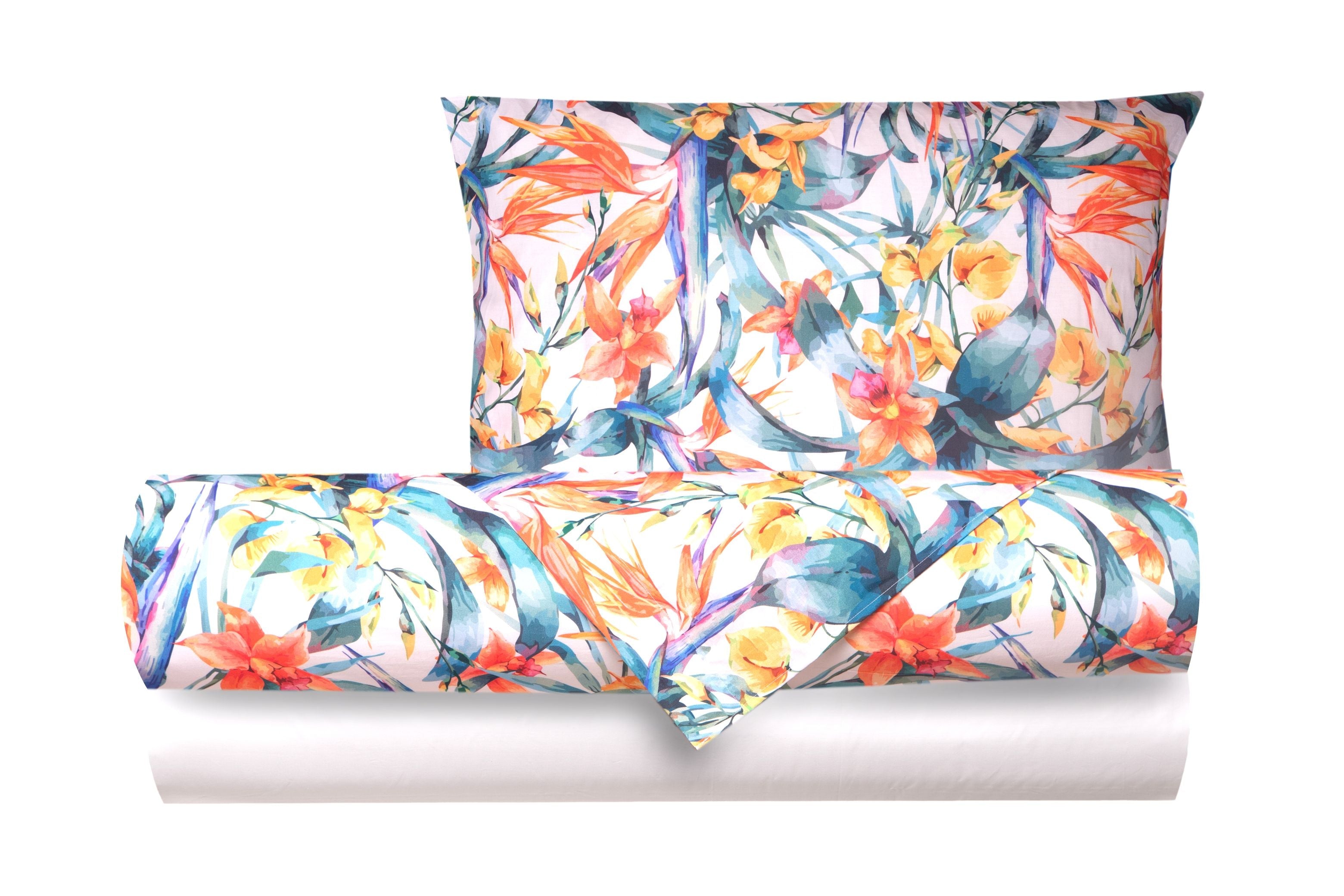 Completo letto lenzuola federe bifaccia double face stampa digitale in cotone made in italy  TROPICI/BIANCO