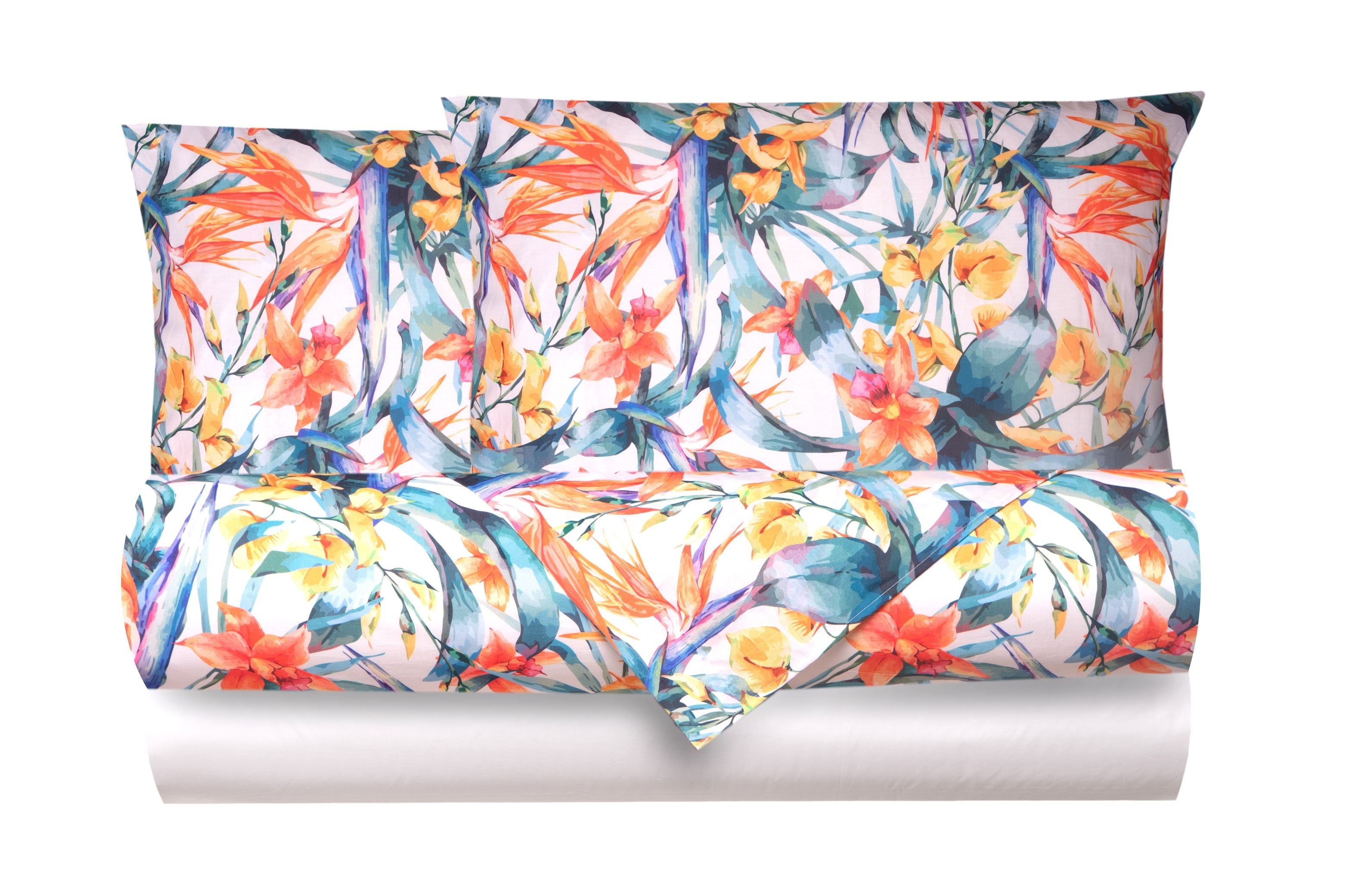 Completo letto lenzuola federe bifaccia double face stampa digitale in cotone made in italy  TROPICI/BIANCO