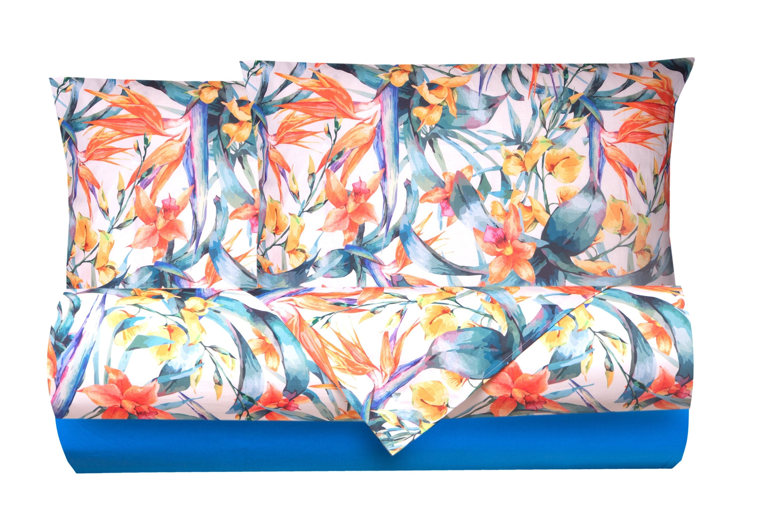 Completo letto lenzuola federe bifaccia double face stampa digitale in cotone made in italy  TROPICI/BLUETTE