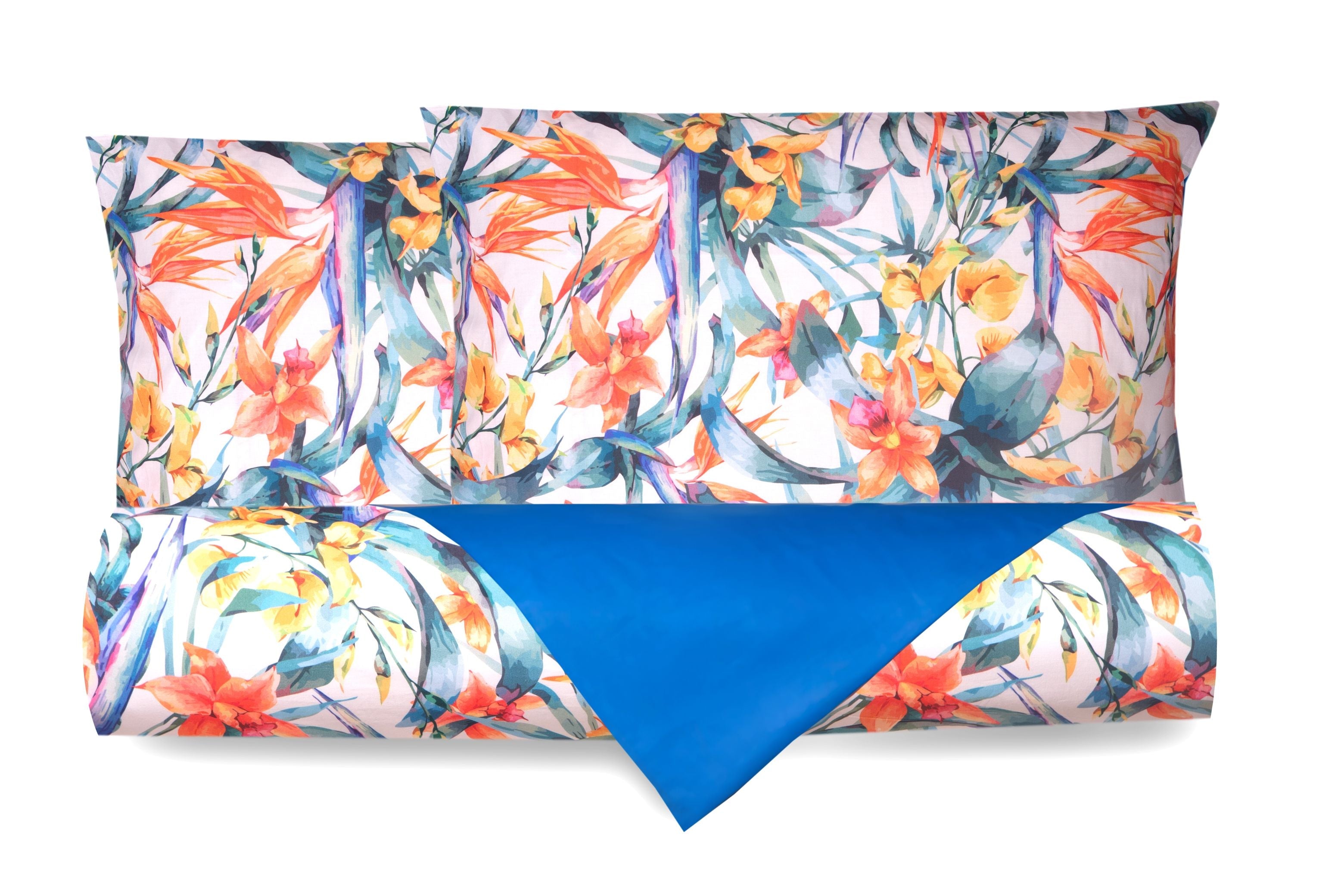 Set Copripiumino federe bifaccia Doubleface parure Copripiumino Stampa Digitale 100% Cotone Made in Italy TROPICI/BLUETTE