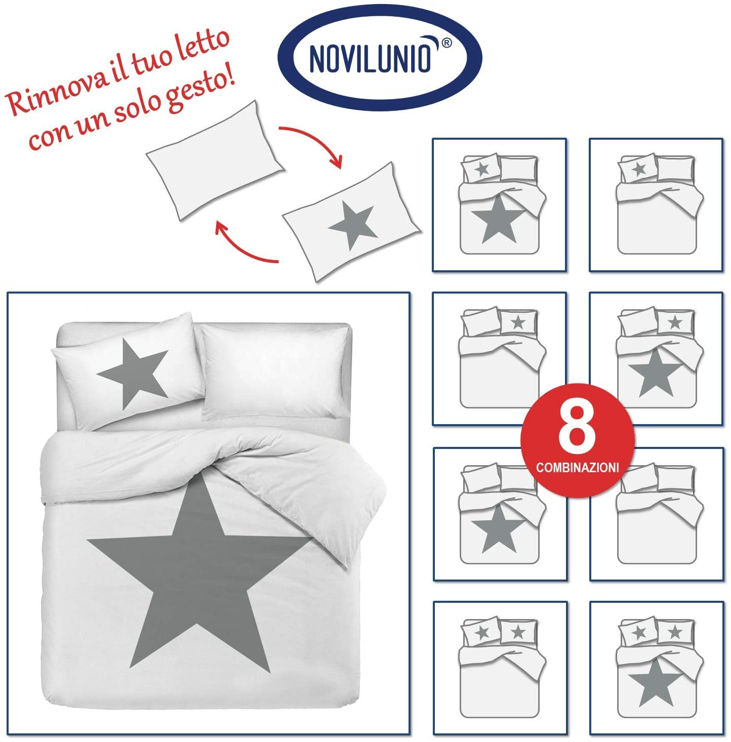 Set copripiumino federe letto 100% cotone stampa digitale STELLA ROSA - NOVILUNIO.IT
