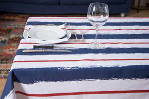 Tovaglia da tavola in 100% cotone stampa digitale dai colori vivi ed intensi lavabile in lavatrice made in Italy RIGHE BIANCO ROSSO BLU